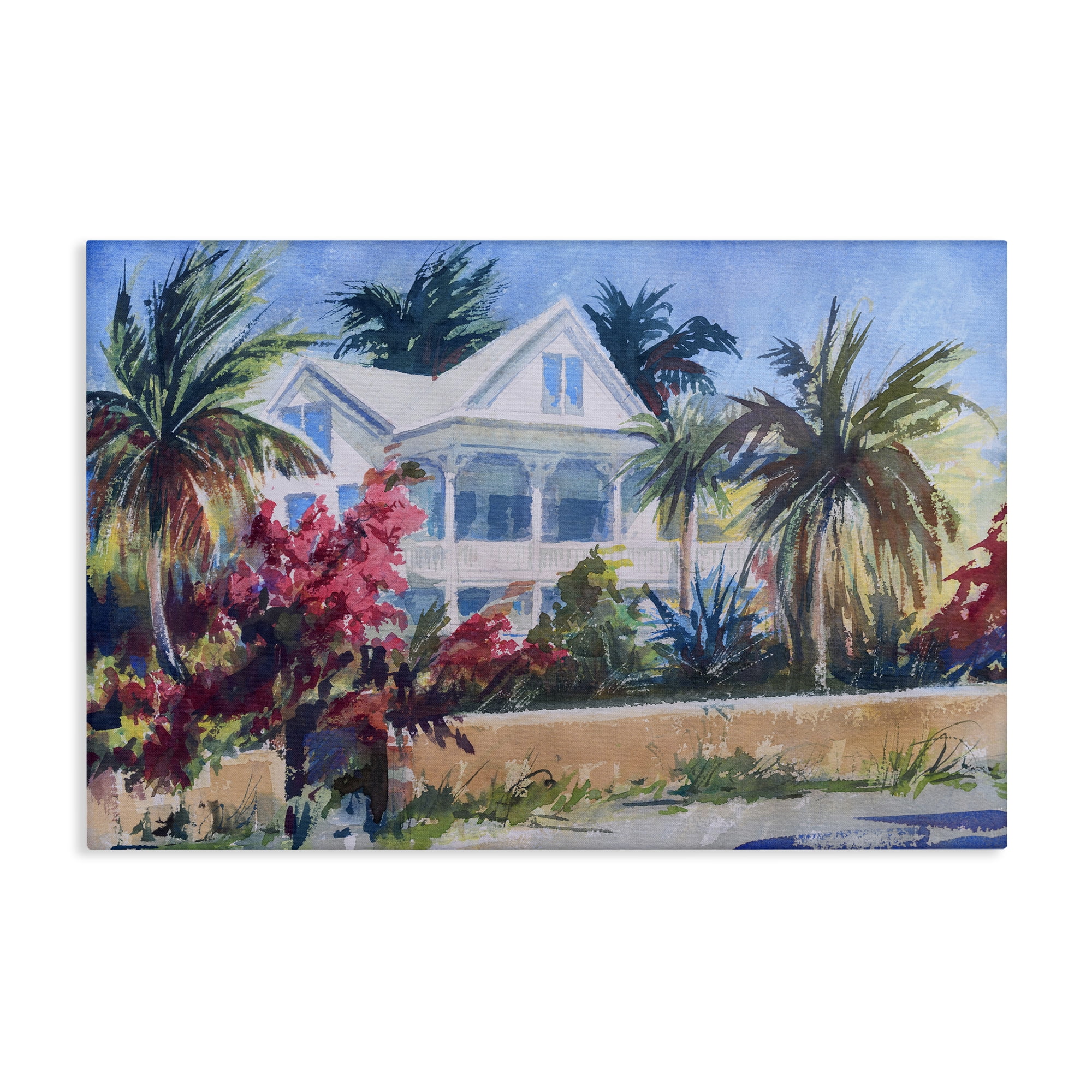 Stupell Industries Palm Tree Cottage Landscape Painting Gallery Wrapped Canvas Art Print Wall Art, 36 x 24