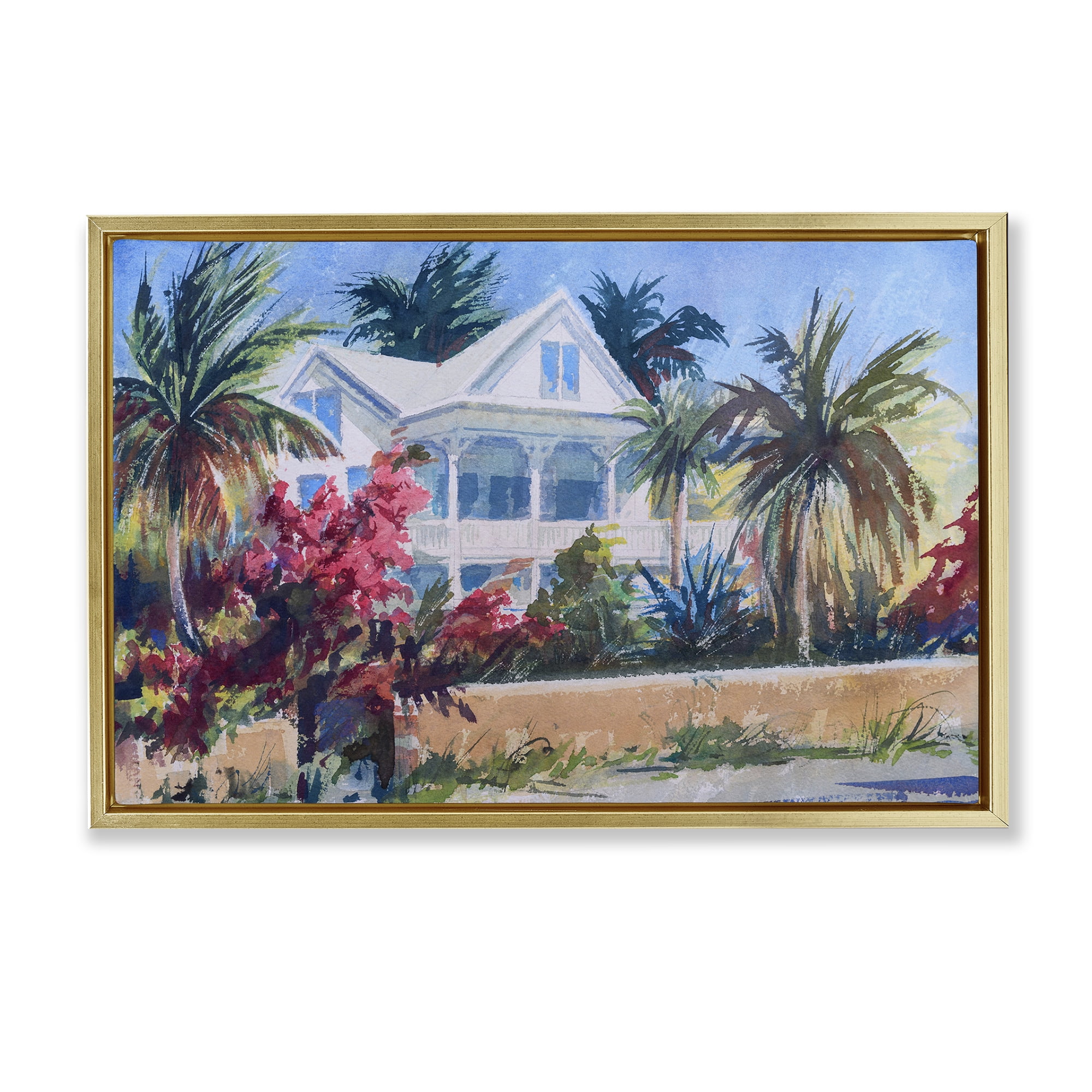 Stupell Industries Palm Tree Cottage Landscape Painting Gold Floater Framed Canvas Art Print Wall Art, 31 x 21