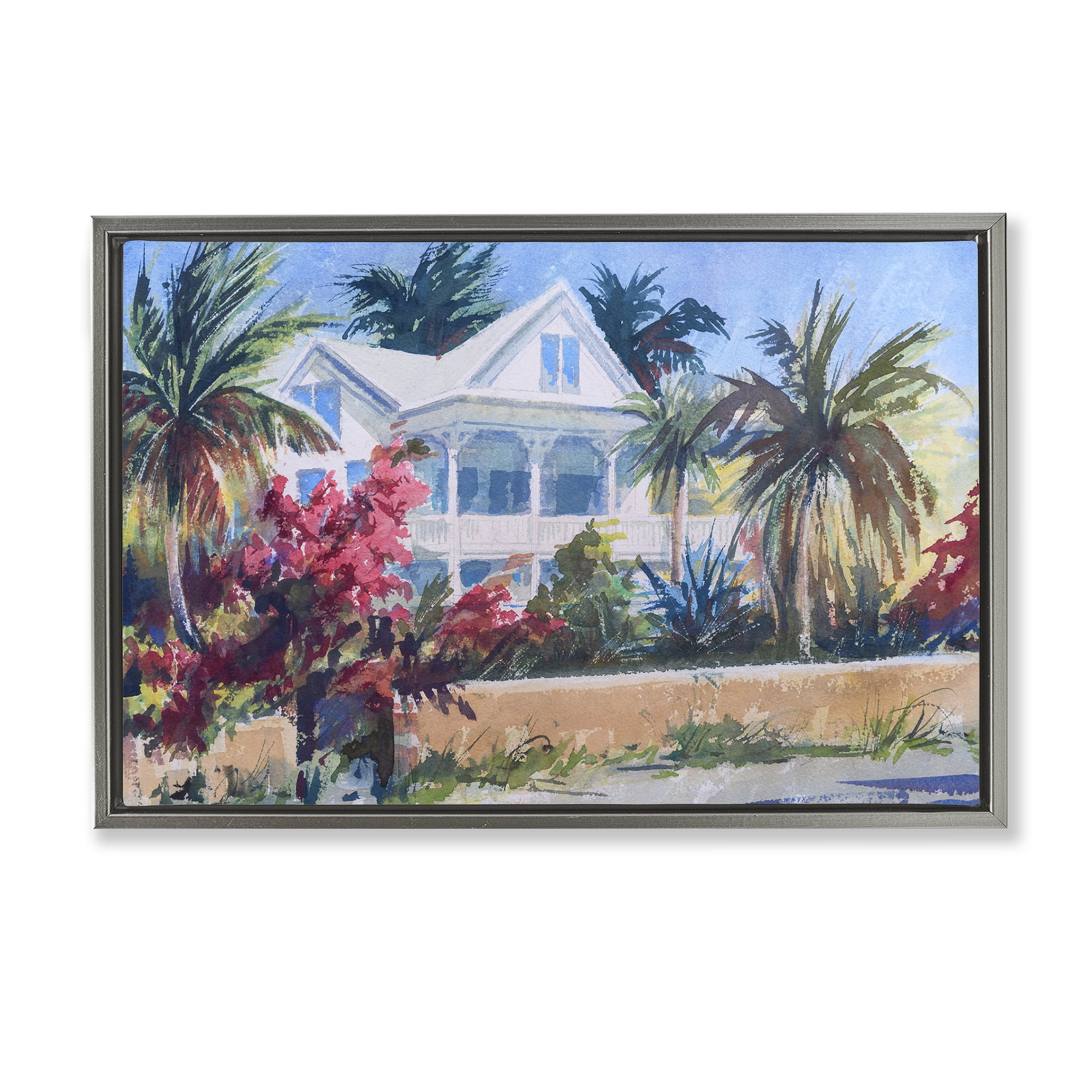 Stupell Industries Palm Tree Cottage Landscape Painting Gray Floater Framed Canvas Art Print Wall Art, 25 x 17