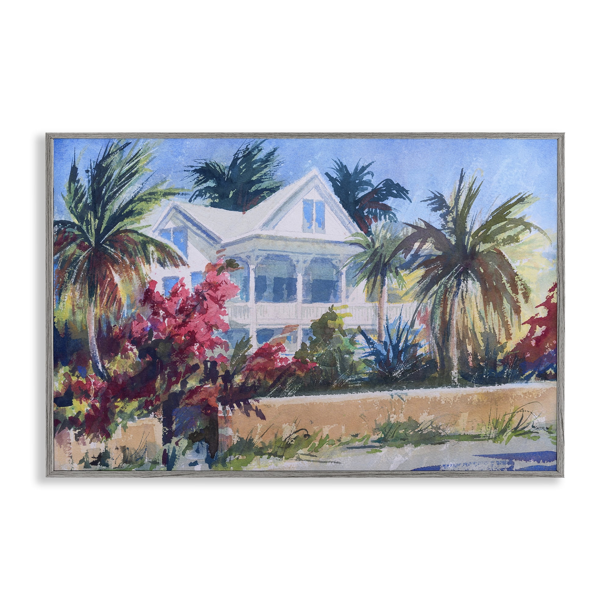 Stupell Industries Palm Tree Cottage Landscape Painting Gray Framed Art Print Wall Art, 24 x 16