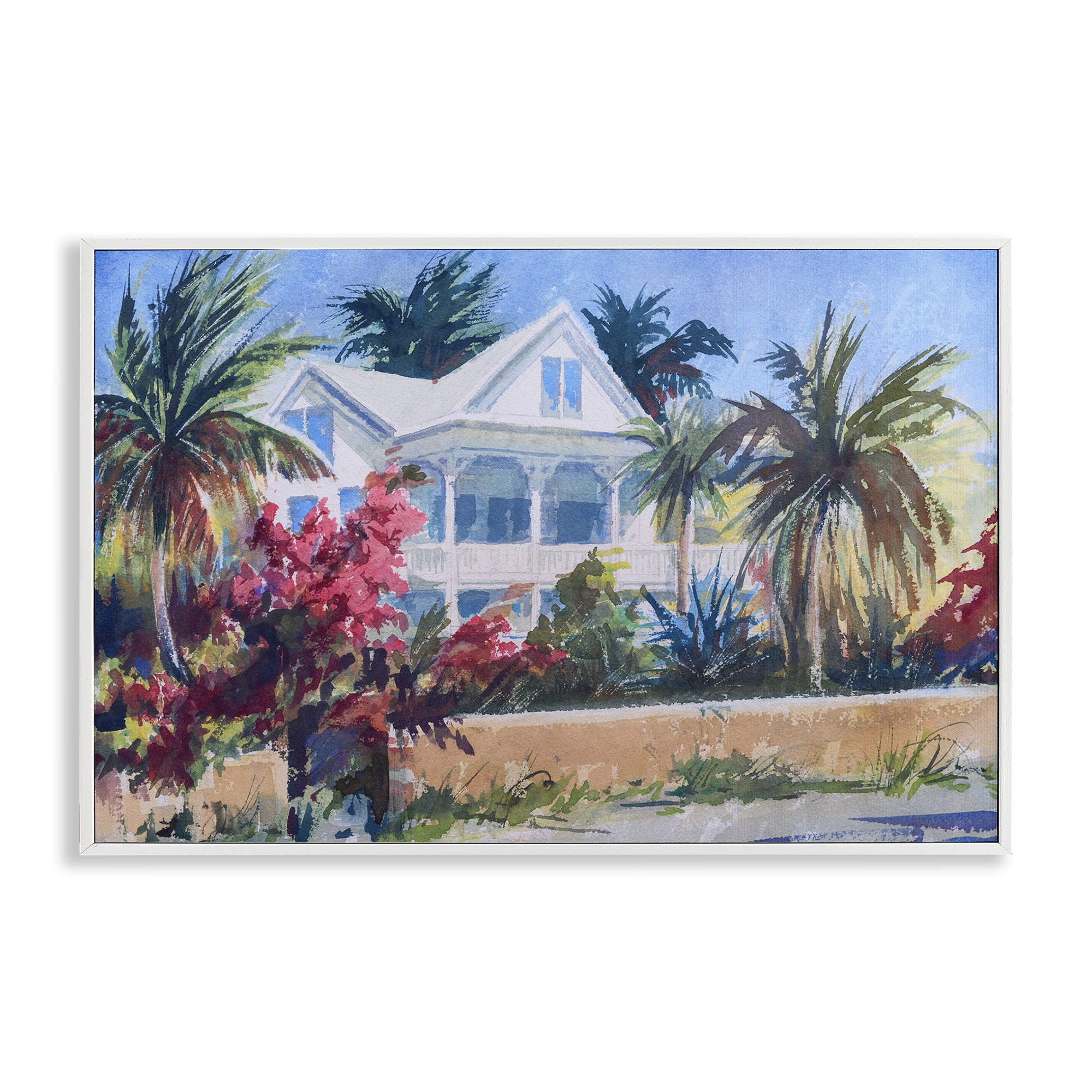 Stupell Industries Palm Tree Cottage Landscape Painting White Framed Art Print Wall Art, 24 x 16
