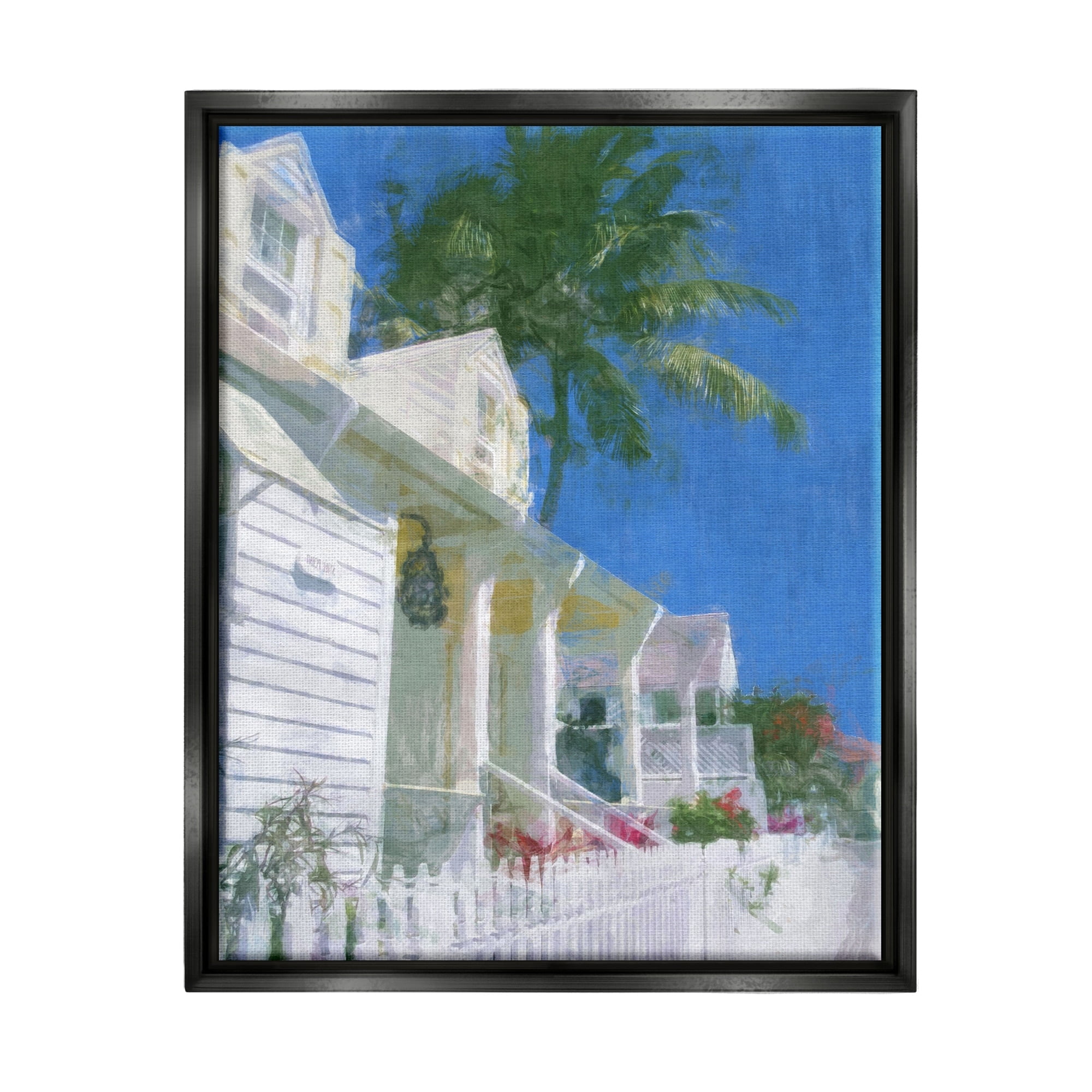 Stupell Industries Palm Tree Looming White Summer Villa Cottage Painting Jet Black Floating Framed Canvas Print Wall Art, Design by Noah Bay