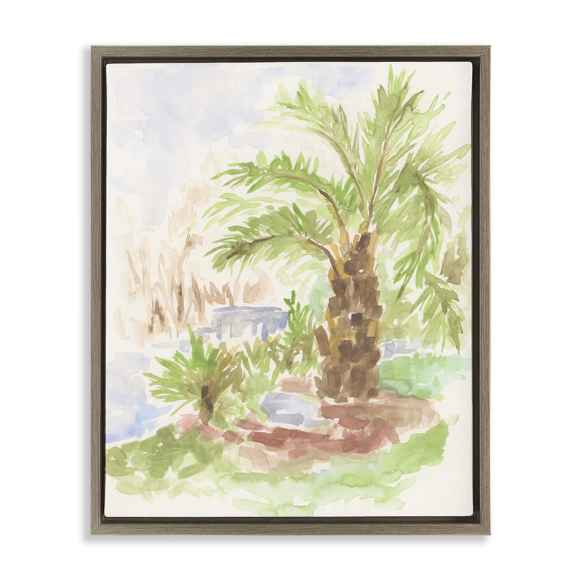 Stupell Industries Palm Tree River's Edge Landscape & Nature Painting Brown Floater Framed Canvas Art Print Wall Art, 25 x 31