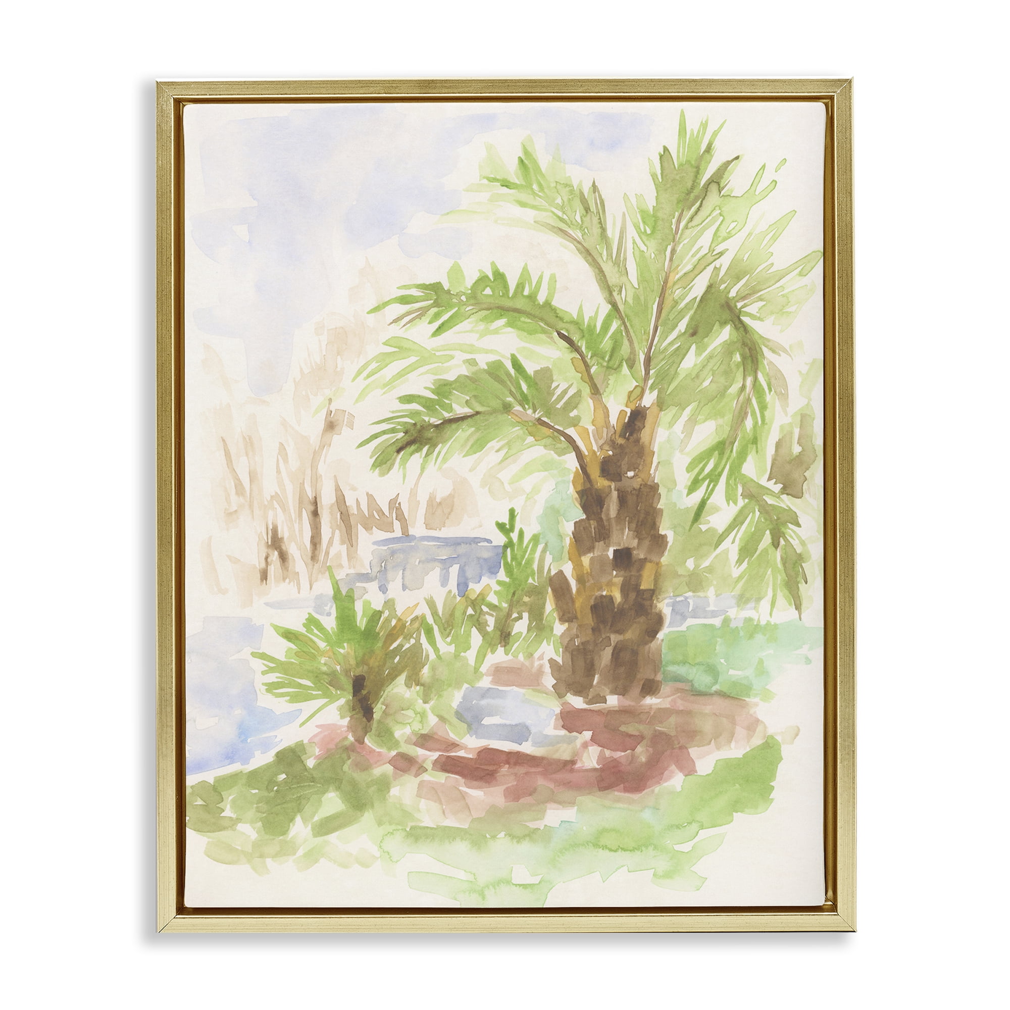 Stupell Industries Palm Tree River's Edge Landscape & Nature Painting Gold Floater Framed Canvas Art Print Wall Art, 17 x 21
