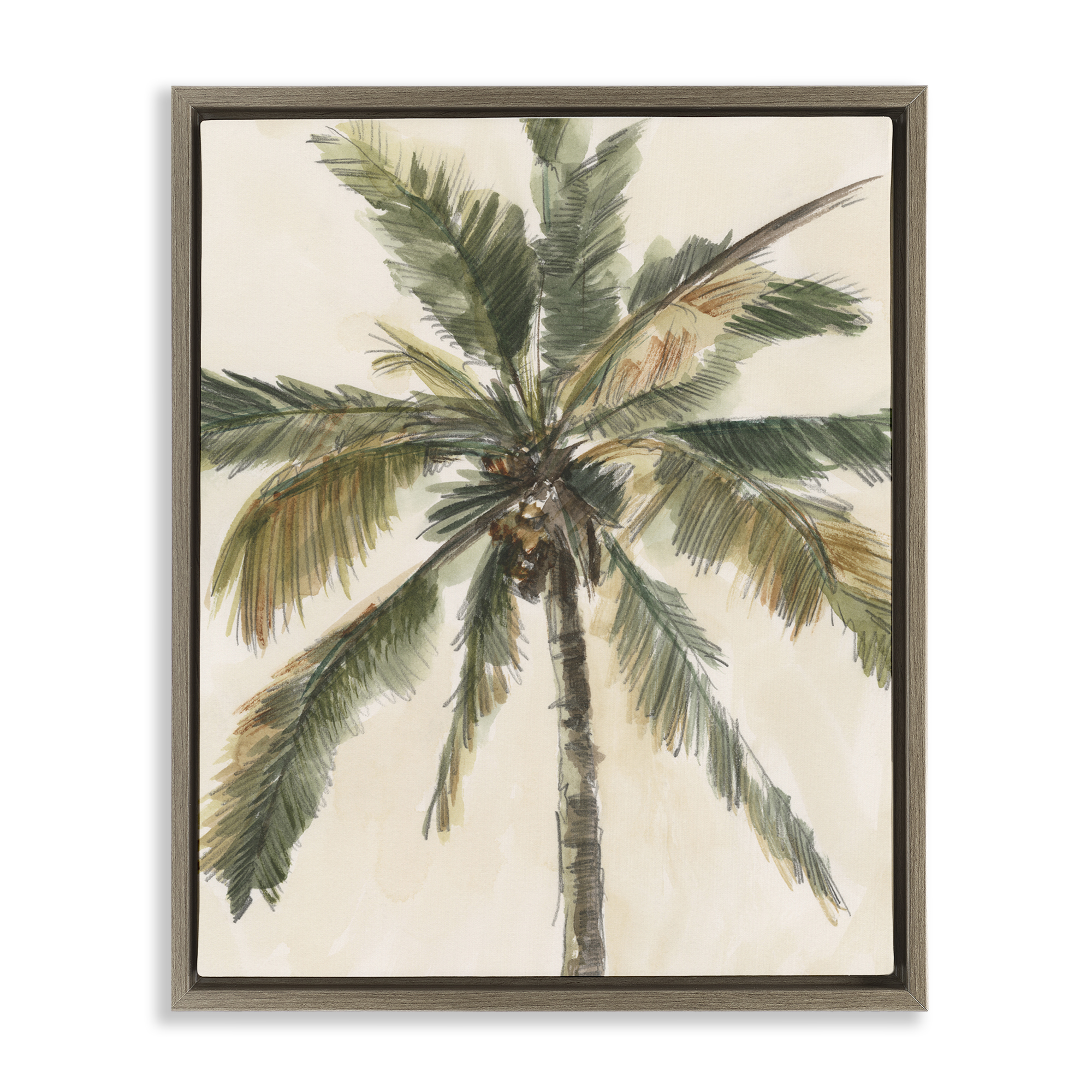Stupell Industries Palm Tree on Beige Plants & Flowers Painting Brown Floater Framed Canvas Art Print Wall Art, 17 x 21