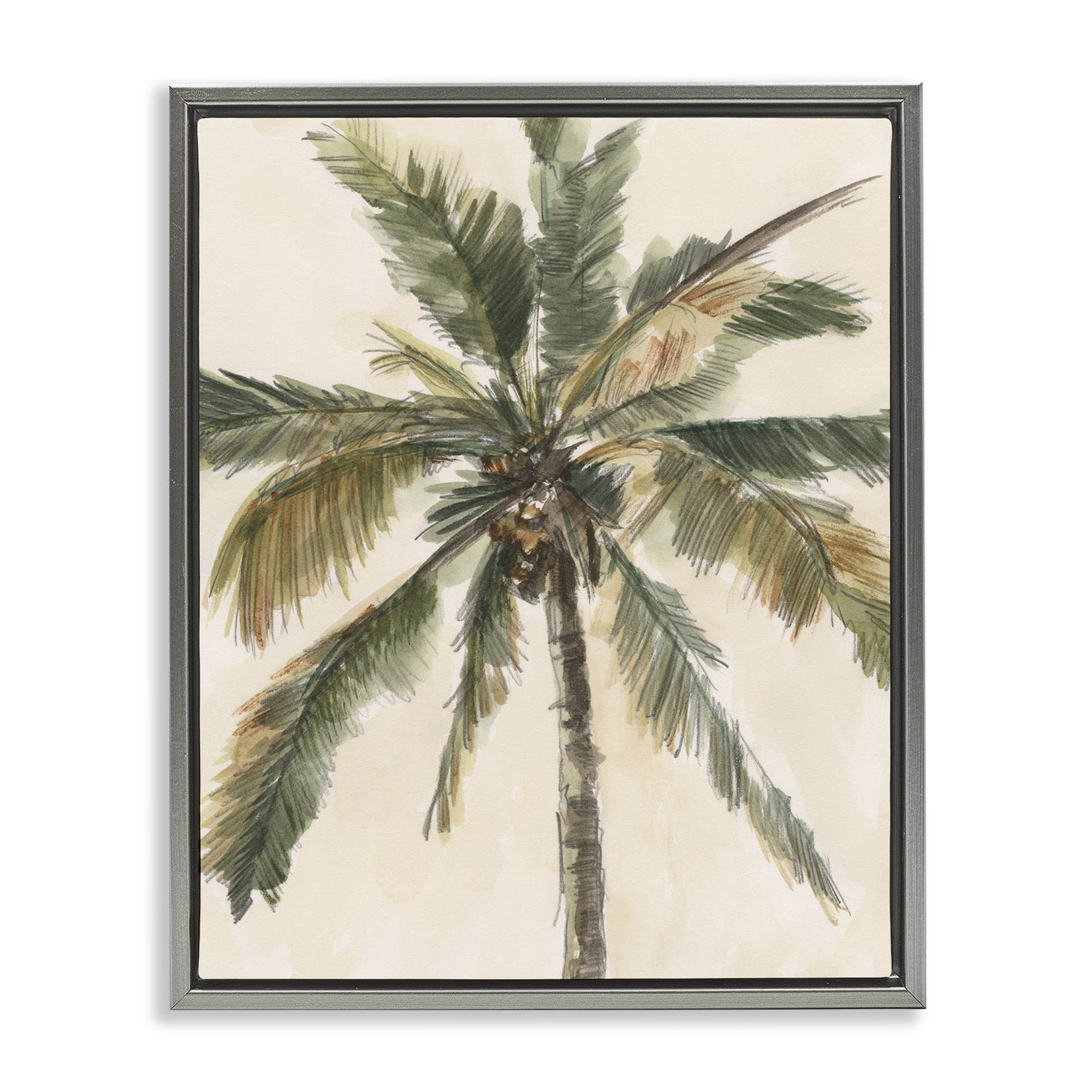 Stupell Industries Palm Tree on Beige Plants & Flowers Painting Gray Floater Framed Canvas Art Print Wall Art, 17 x 21