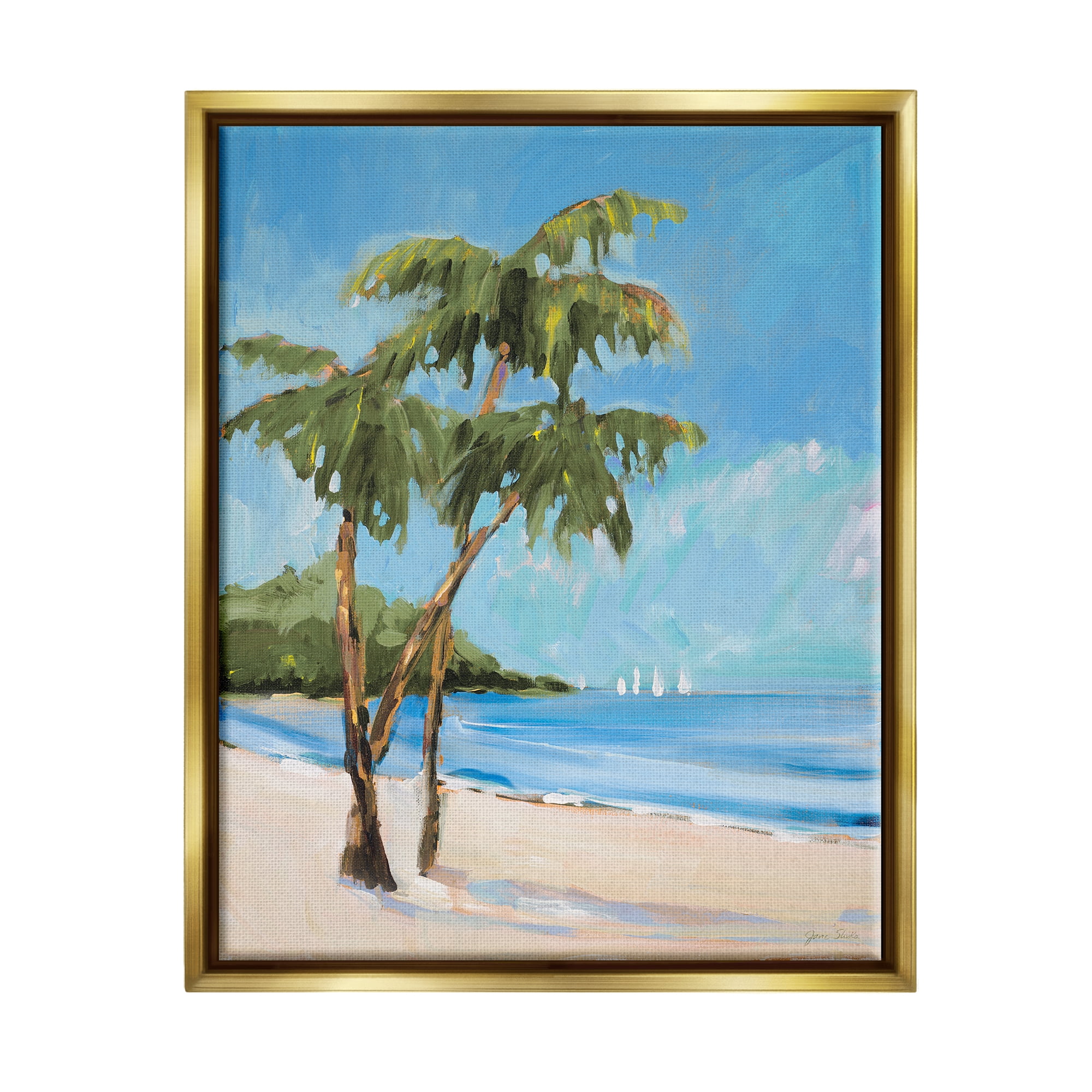 Stupell Industries Palm Trees Beach Landscape Nature Painting Gold Floater Framed Art Print Wall Art, 25 x 31