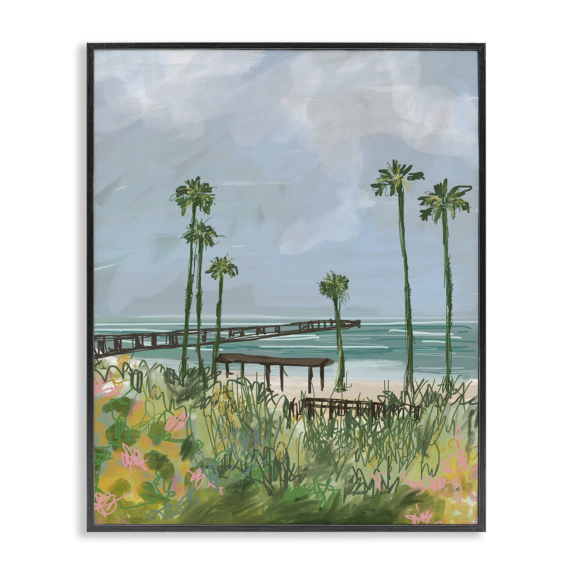 Stupell Industries Palm Trees Dock Scene Landscape Painting Black Framed Art Print Wall Art, 24 x 30