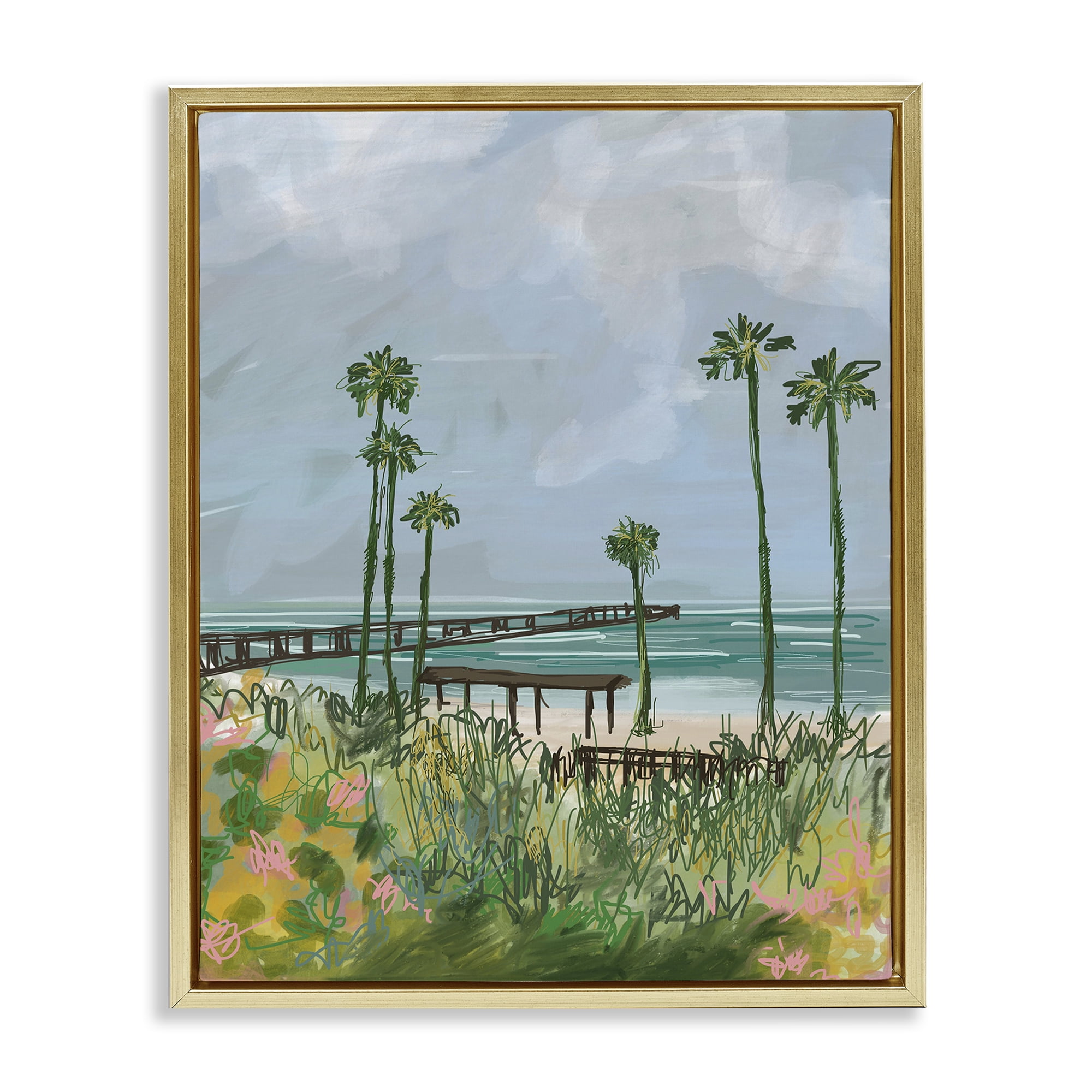 Stupell Industries Palm Trees Dock Scene Landscape Painting Gold Floater Framed Canvas Art Print Wall Art, 17 x 21