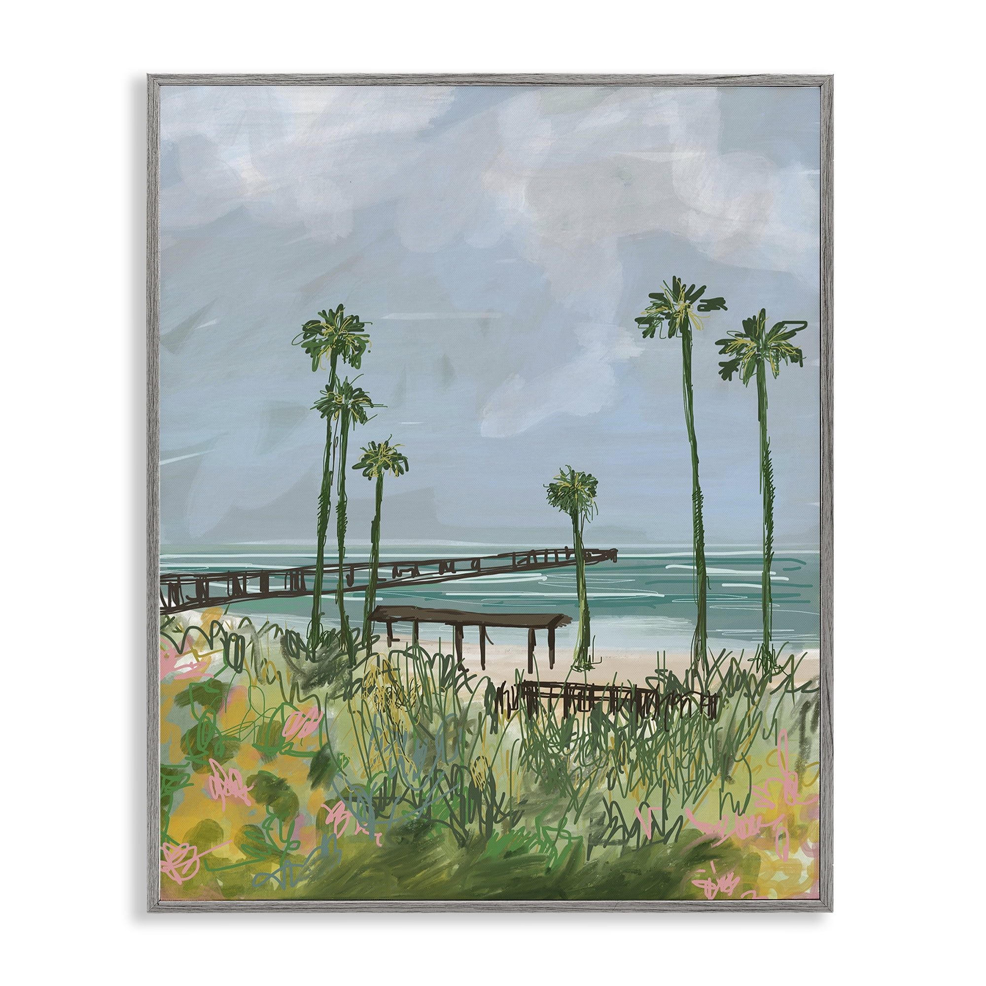 Stupell Industries Palm Trees Dock Scene Landscape Painting Gray Framed Art Print Wall Art, 11 x 14