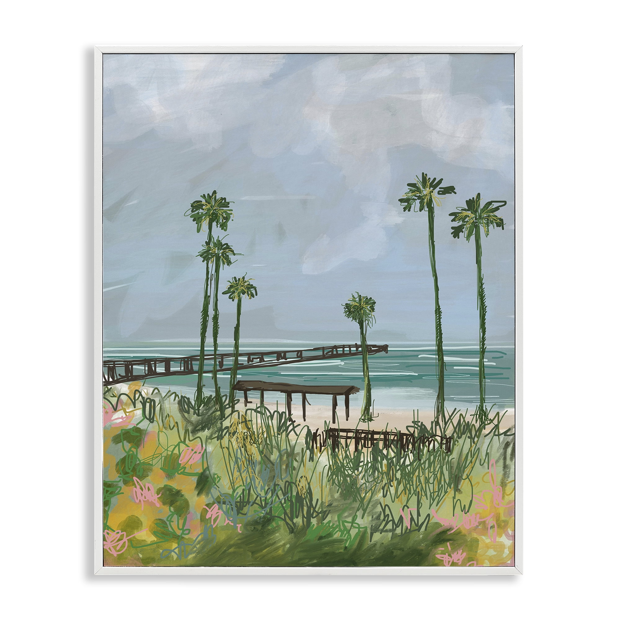 Stupell Industries Palm Trees Dock Scene Landscape Painting White Framed Art Print Wall Art, 16 x 20