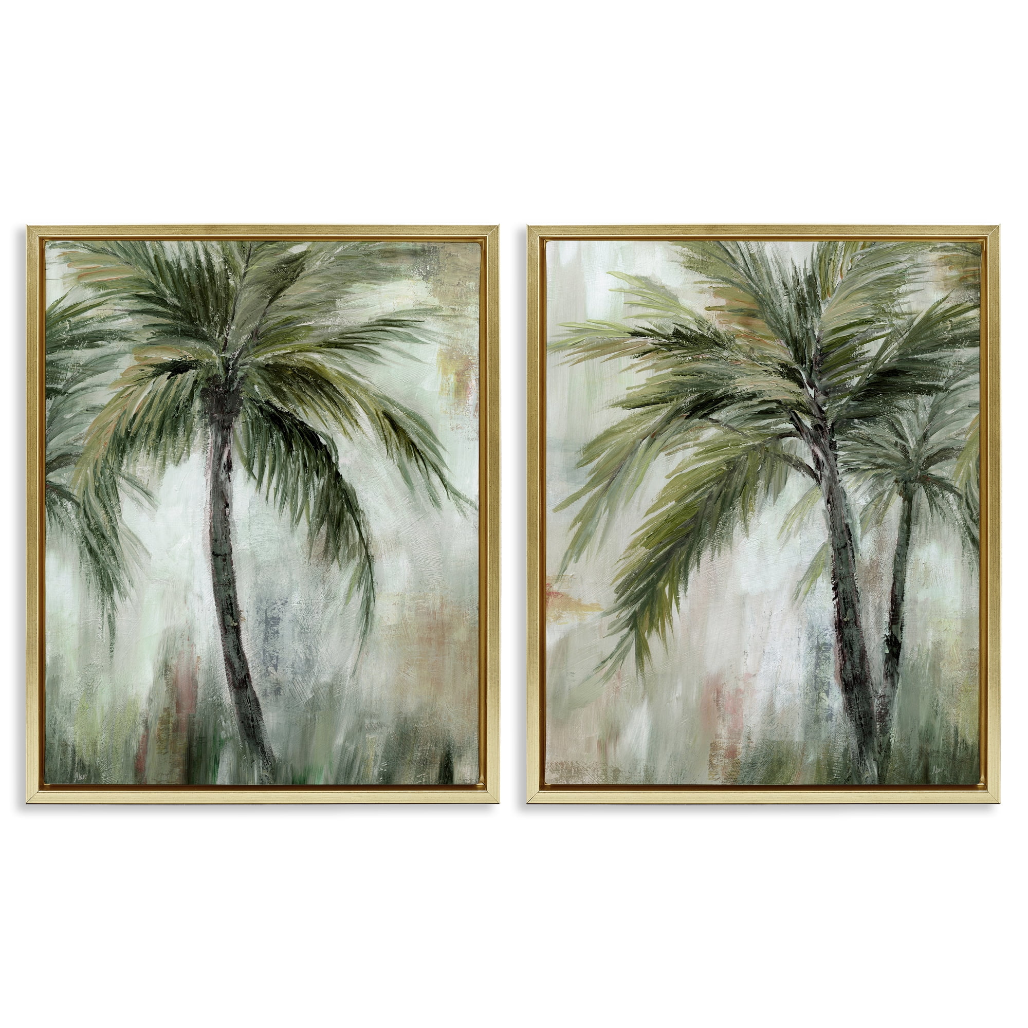 Stupell Industries Palm Trees Impressions Plants & Flowers Painting Gold Floater Framed Canvas Art Print Wall Art, 31 x 25, Set of 2