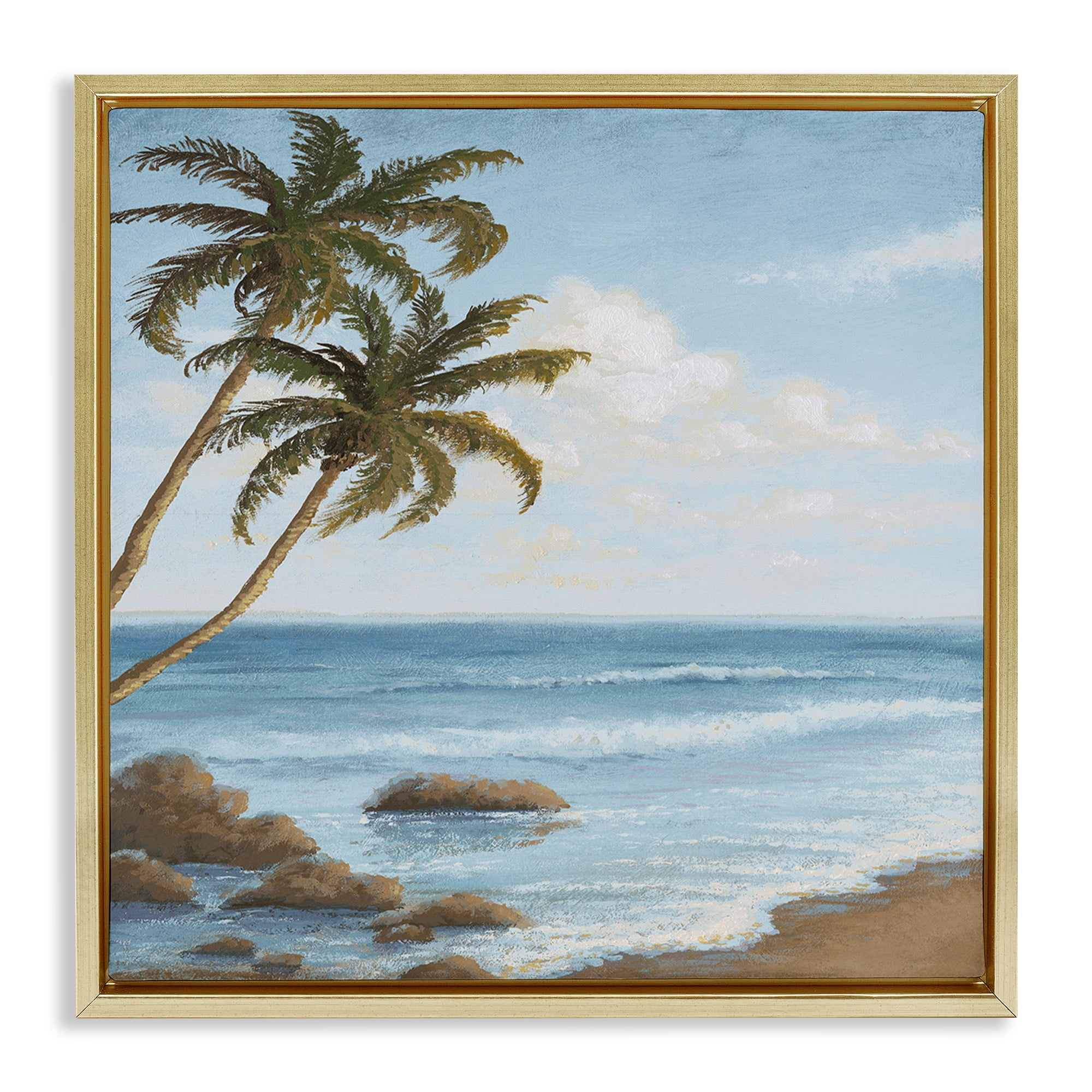 Stupell Industries Palm Trees Looming Beach Coastal Painting Gold Floater Framed Canvas Art Print Wall Art, 18 x 18
