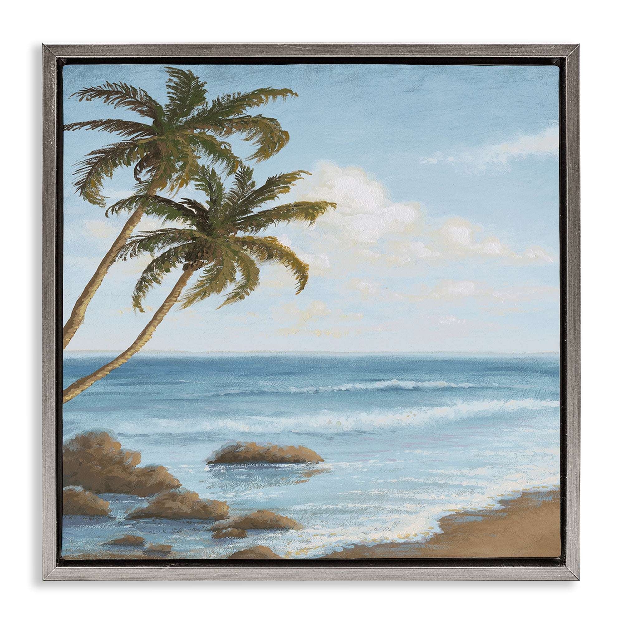 Stupell Industries Palm Trees Looming Beach Coastal Painting Gray Floater Framed Canvas Art Print Wall Art, 25 x 25