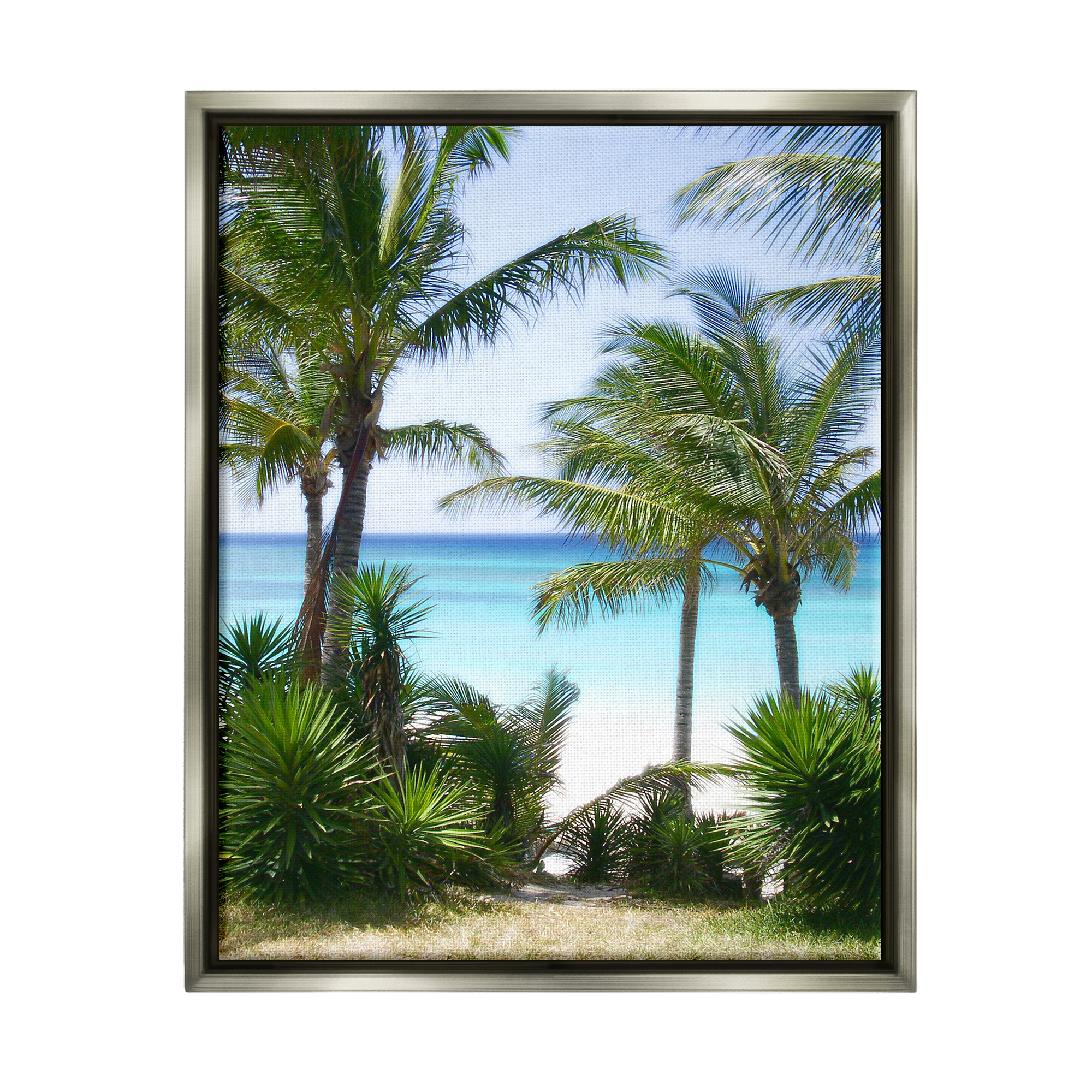 Stupell Industries Palm Trees Near Beach Nature Photography Gray Floater Framed Art Print Wall Art, 25 x 31