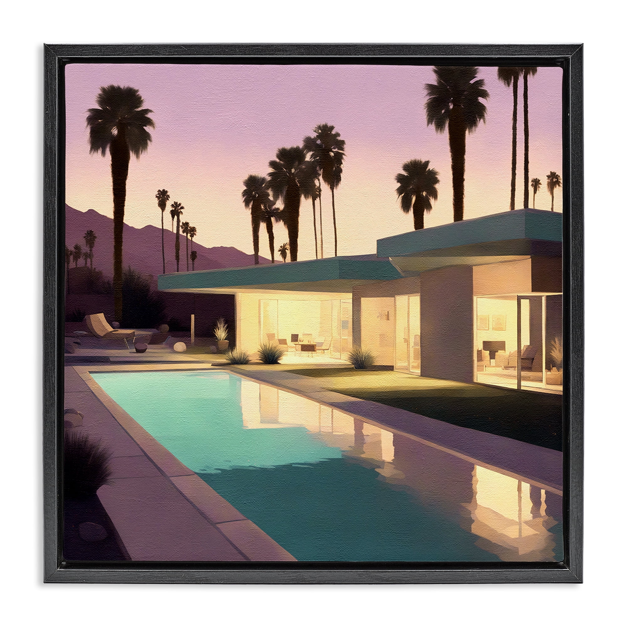 Stupell Industries Palm Trees & Pool Villa Landscape & Nature Painting Black Floater Framed Canvas Art Print Wall Art, 18 x 18