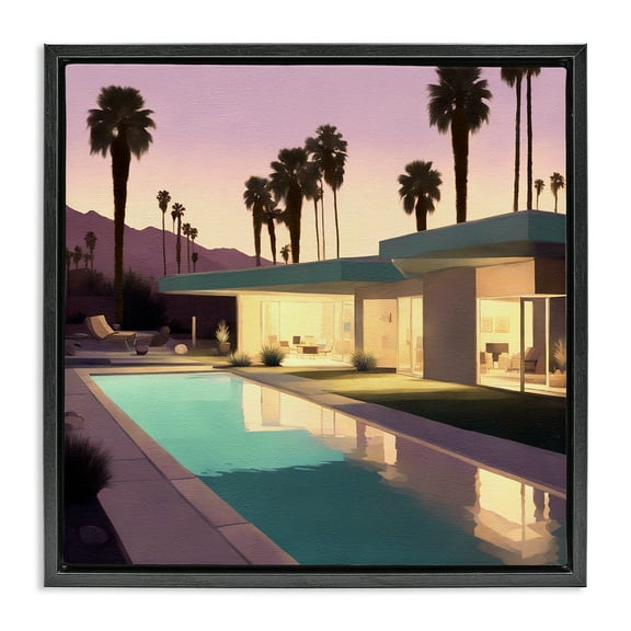 Stupell Industries Palm Trees & Pool Villa Landscape & Nature Painting Black Floater Framed Canvas Art Print Wall Art, 18 x 18