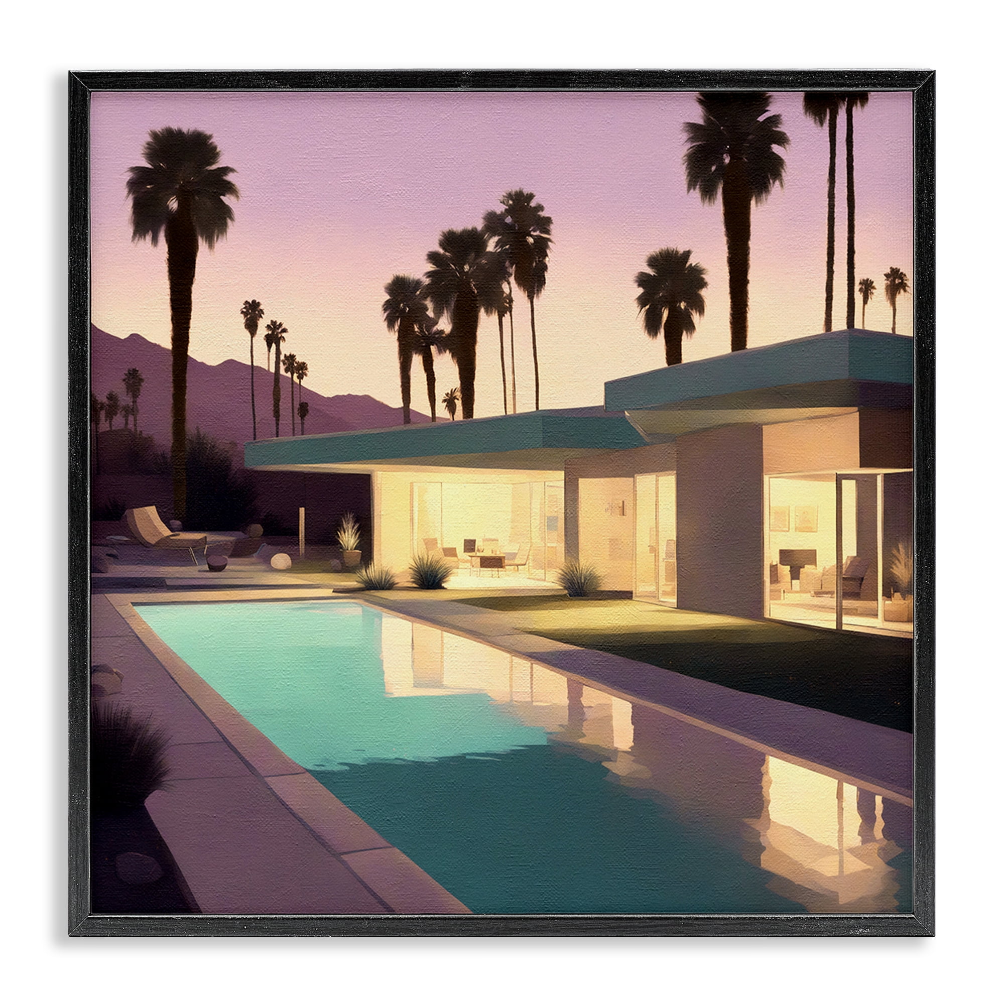 Stupell Industries Palm Trees & Pool Villa Landscape & Nature Painting Black Framed Art Print Wall Art, 17 x 17