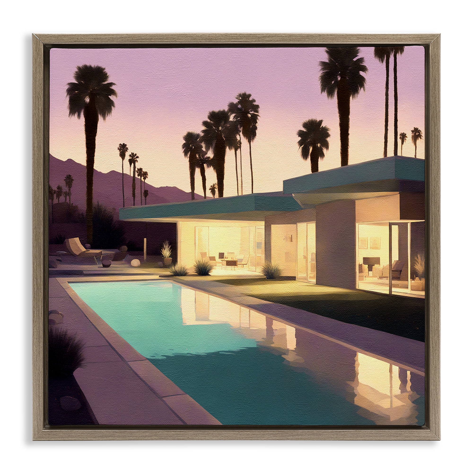 Stupell Industries Palm Trees & Pool Villa Landscape & Nature Painting Brown Floater Framed Canvas Art Print Wall Art, 18 x 18