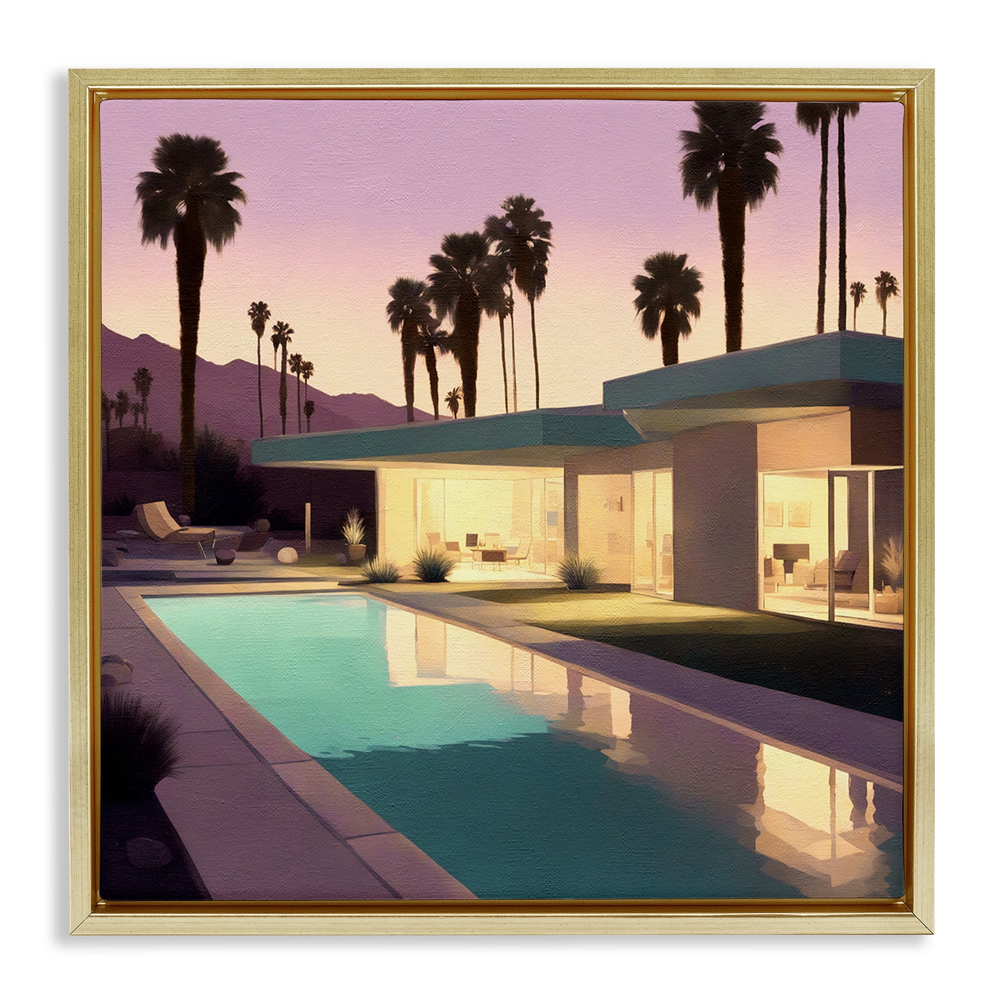 Stupell Industries Palm Trees & Pool Villa Landscape & Nature Painting Gold Floater Framed Canvas Art Print Wall Art, 25 x 25