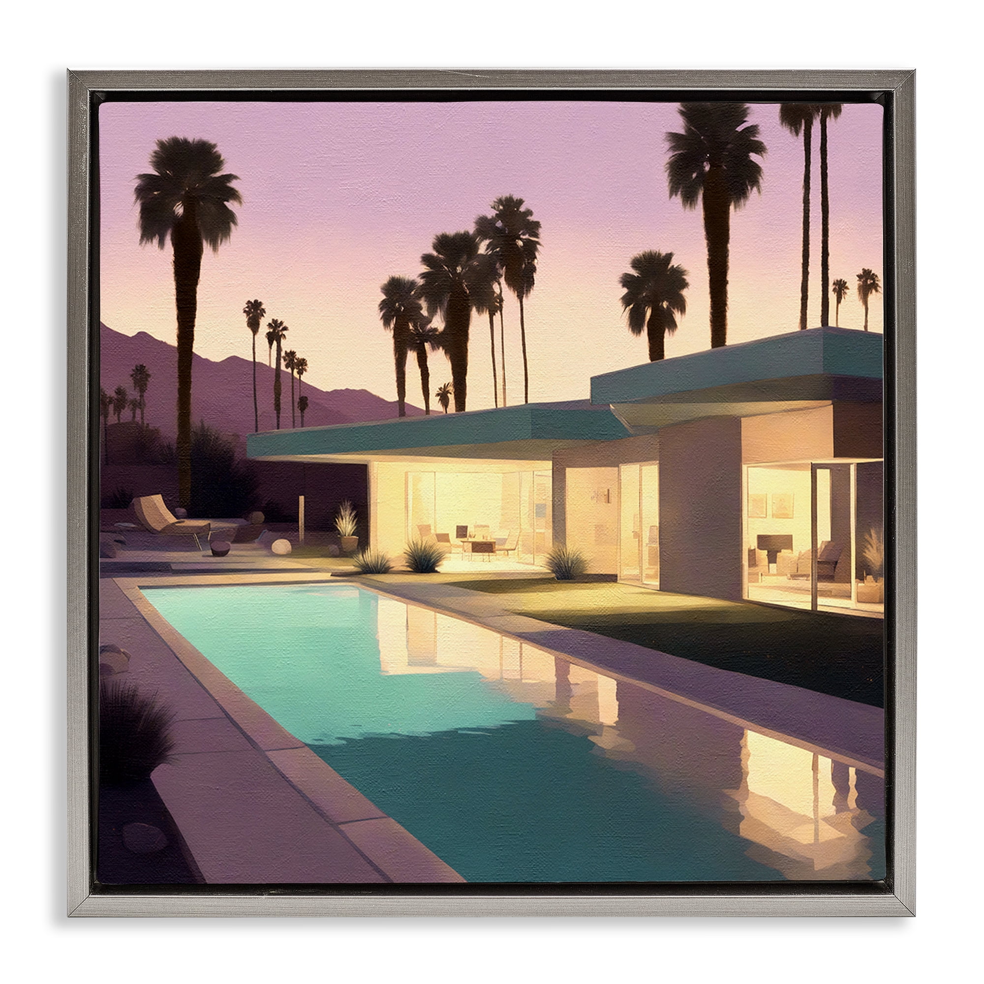 Stupell Industries Palm Trees & Pool Villa Landscape & Nature Painting Gray Floater Framed Canvas Art Print Wall Art, 18 x 18