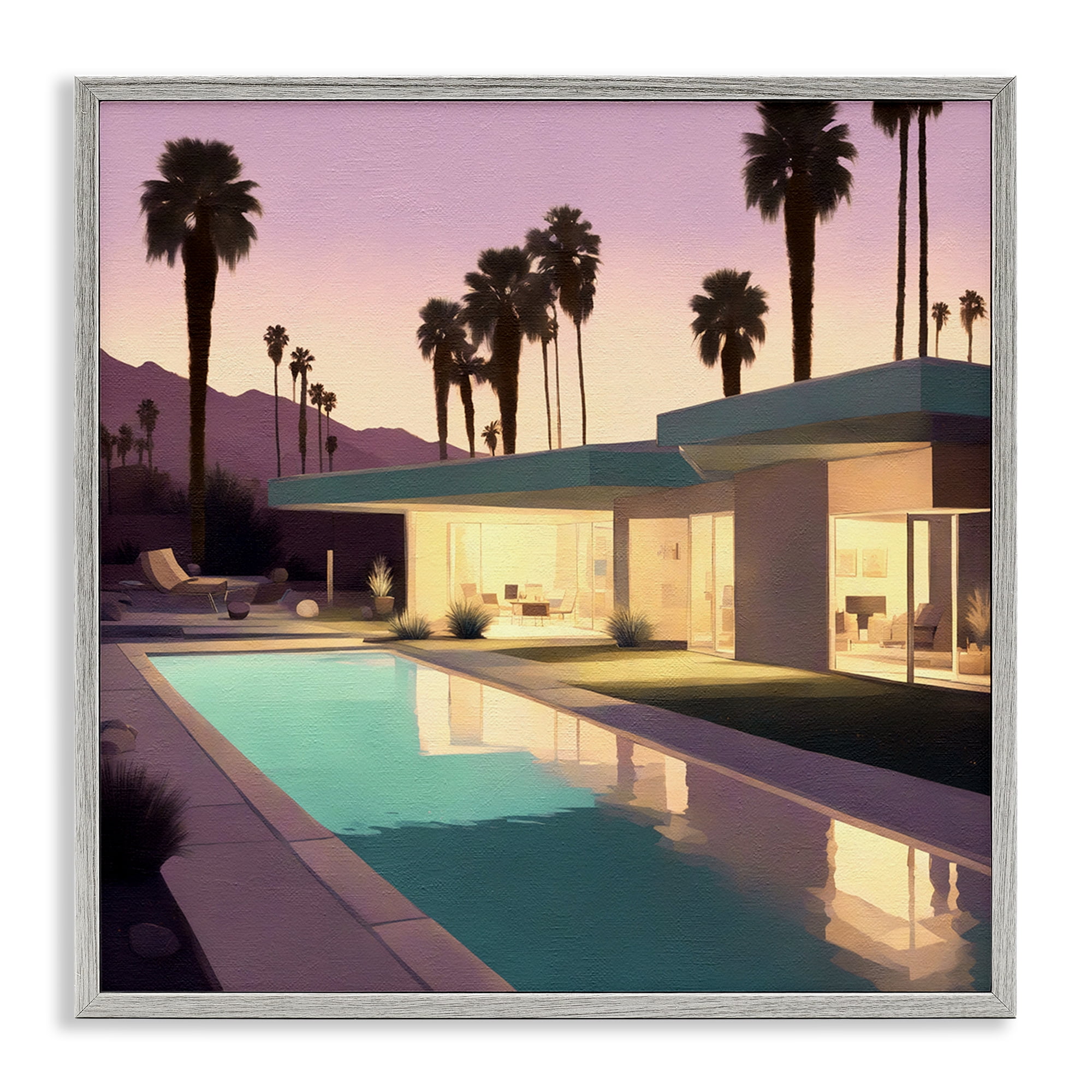 Stupell Industries Palm Trees & Pool Villa Landscape & Nature Painting Gray Framed Art Print Wall Art, 12 x 12