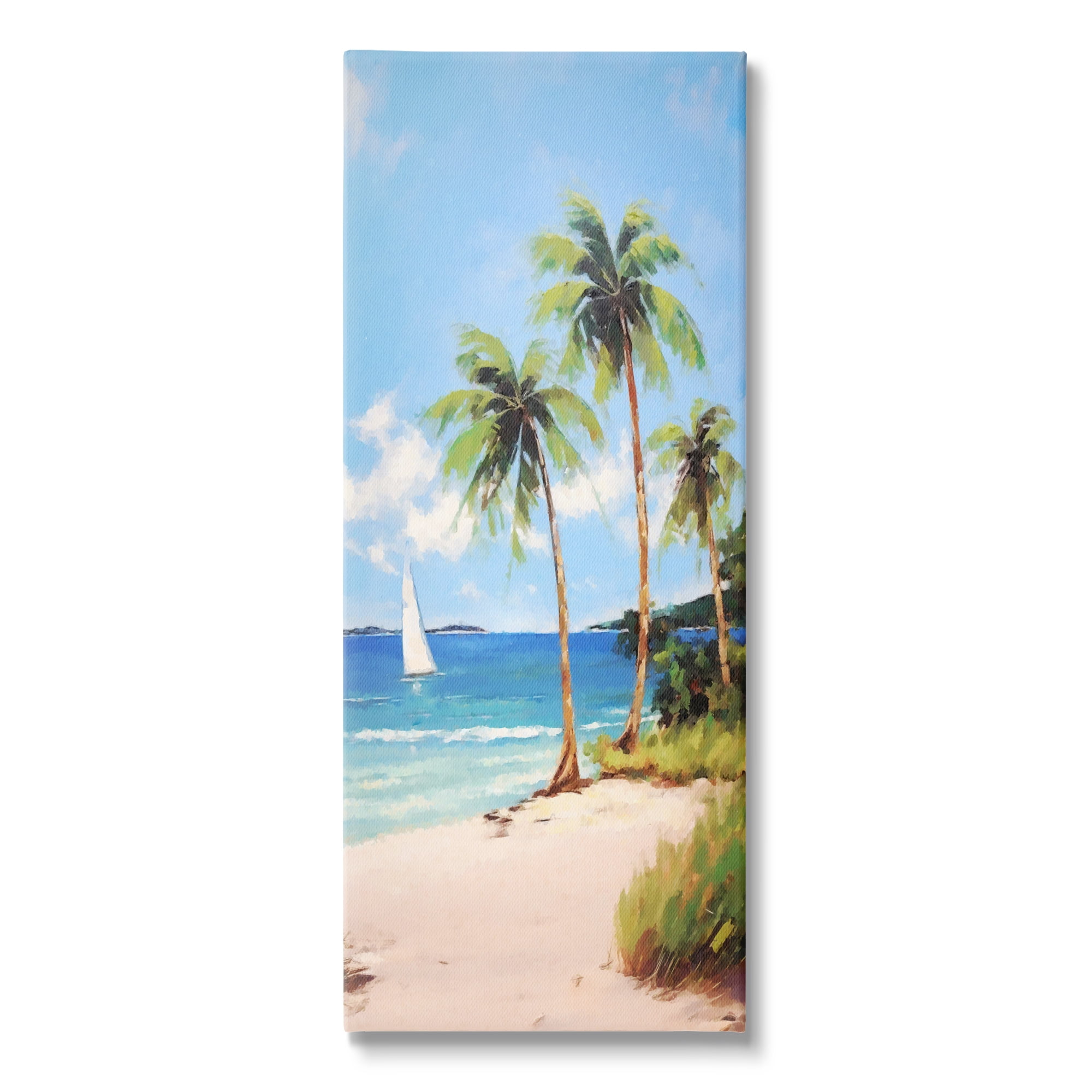 Stupell Industries Palm Trees & Sailboat Landscape Painting Gallery Wrapped Canvas Art Print Wall Art, 13 x 30