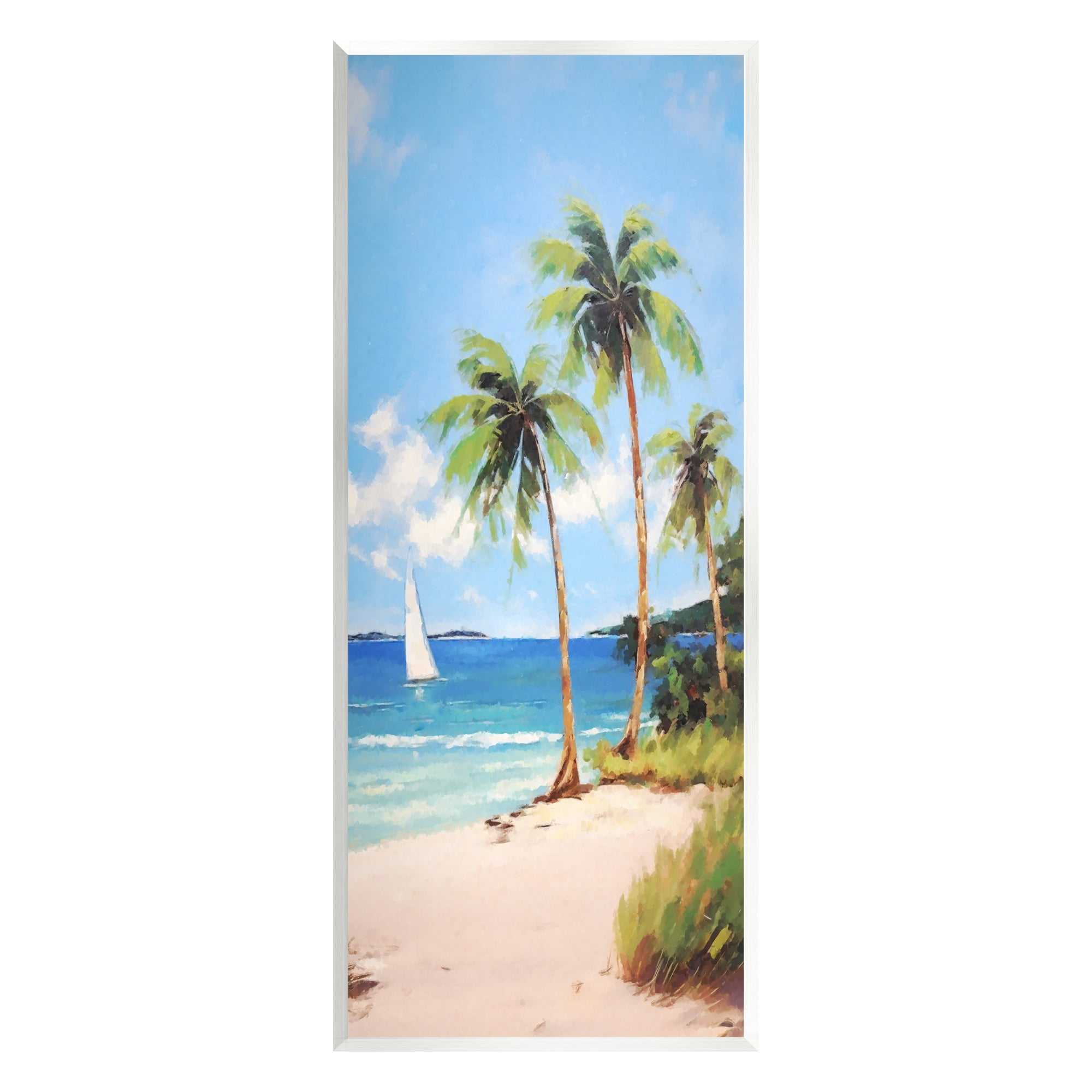 Stupell Industries Palm Trees & Sailboat Landscape Painting Unframed Art Print Wall Art, 7 x 17