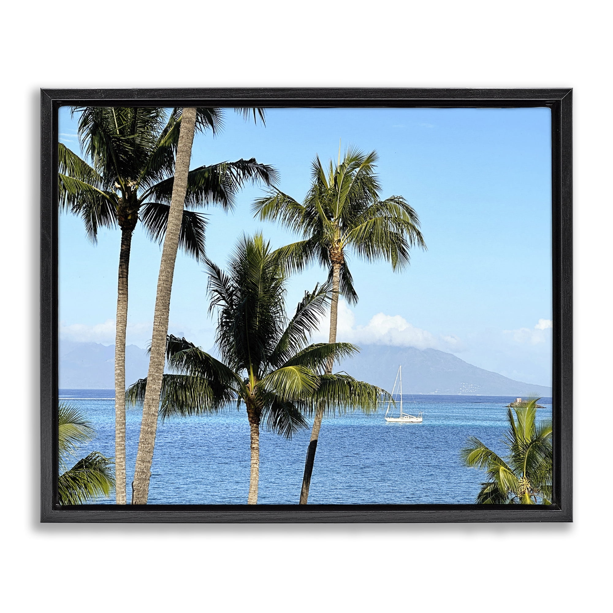 Stupell Industries Palm Trees & Sailboat Landscape Photography Black Floater Framed Canvas Art Print Wall Art, 31 x 25
