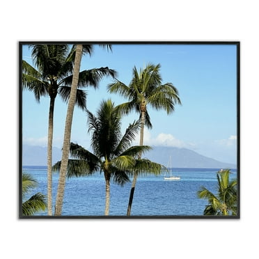 Stupell Industries Palm Trees & Sailboat Landscape Photography Black Framed Art Print Wall Art, 14 x 11