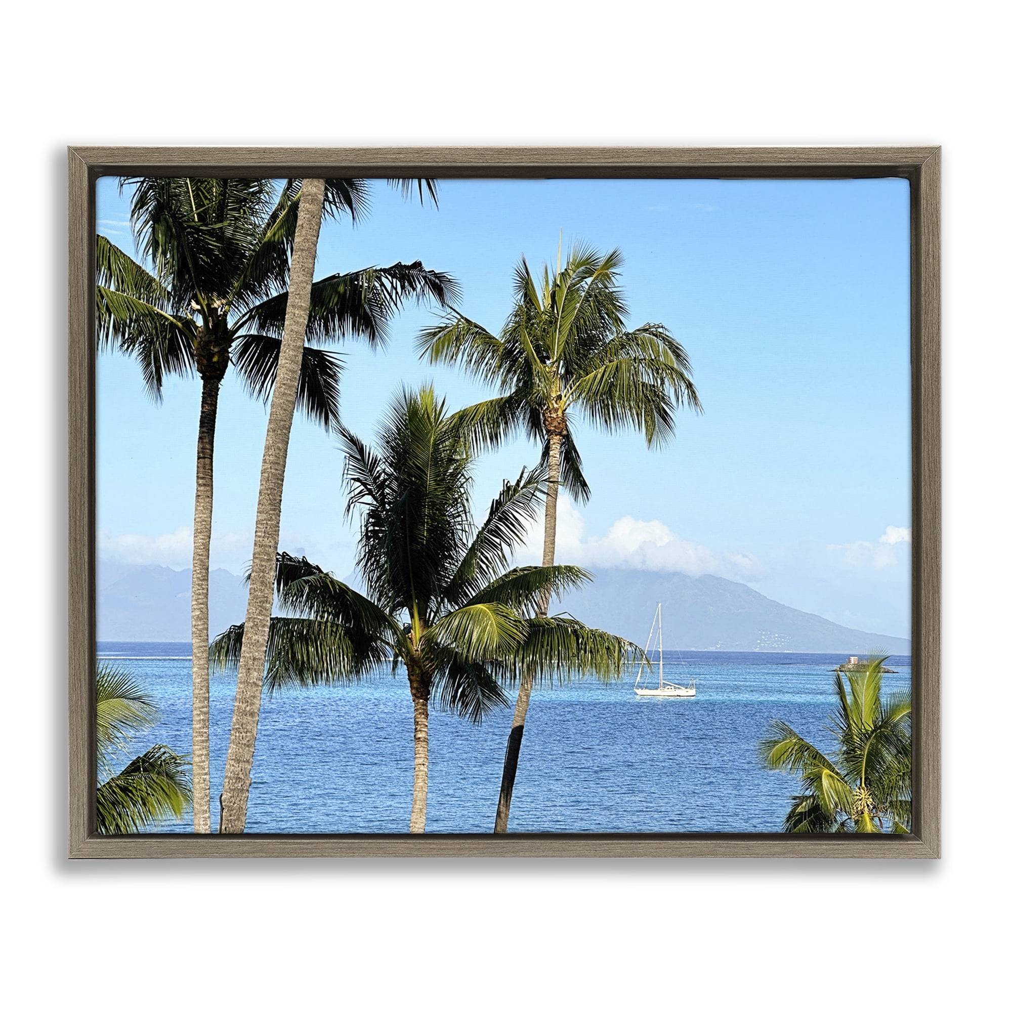Stupell Industries Palm Trees & Sailboat Landscape Photography Brown Floater Framed Canvas Art Print Wall Art, 31 x 25