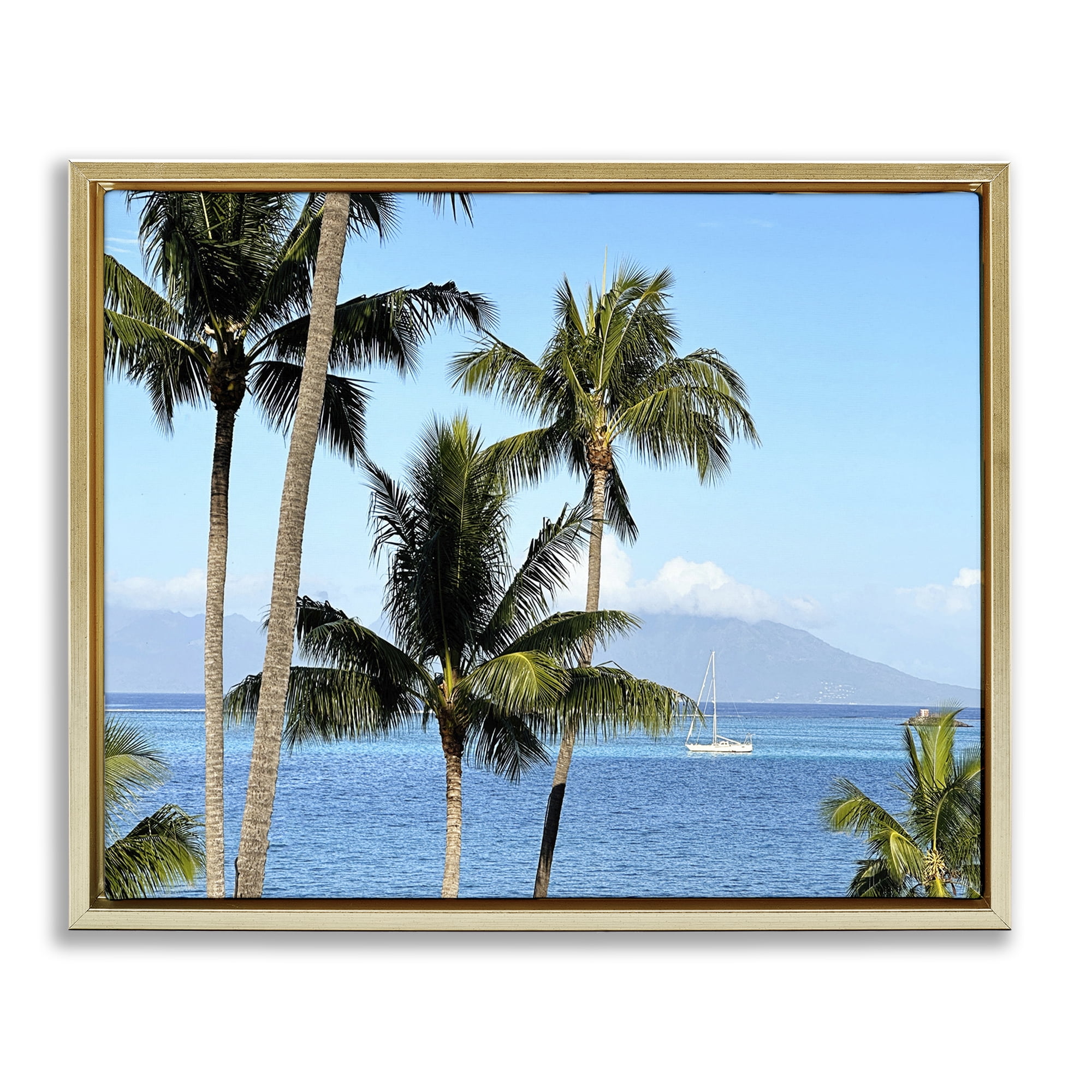 Stupell Industries Palm Trees & Sailboat Landscape Photography Gold Floater Framed Canvas Art Print Wall Art, 31 x 25