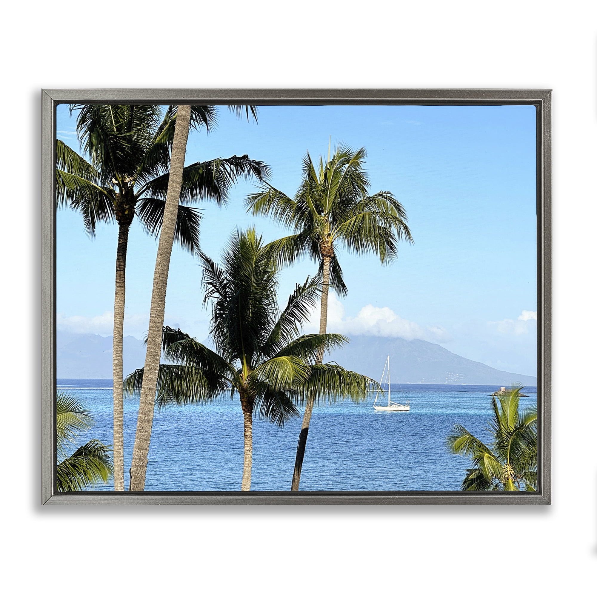 Stupell Industries Palm Trees & Sailboat Landscape Photography Gray Floater Framed Canvas Art Print Wall Art, 21 x 17