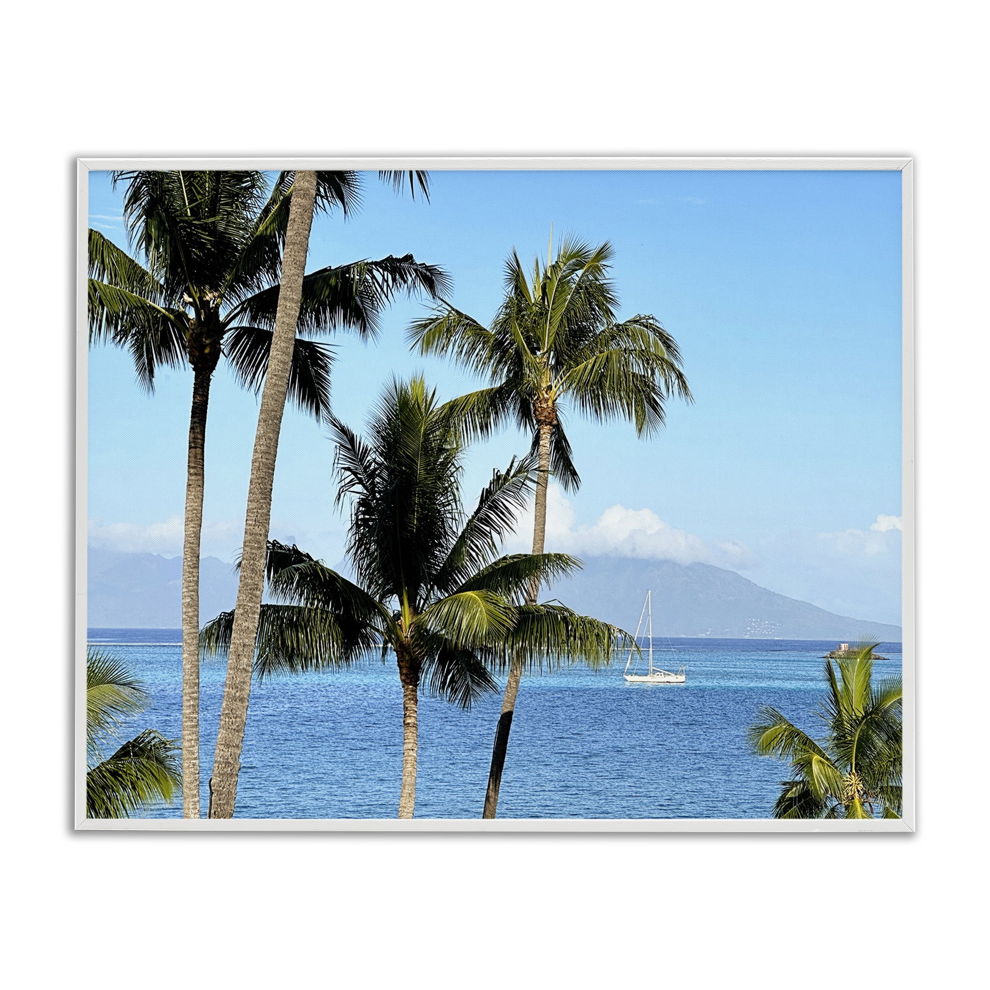Stupell Industries Palm Trees & Sailboat Landscape Photography White Framed Art Print Wall Art, 14 x 11