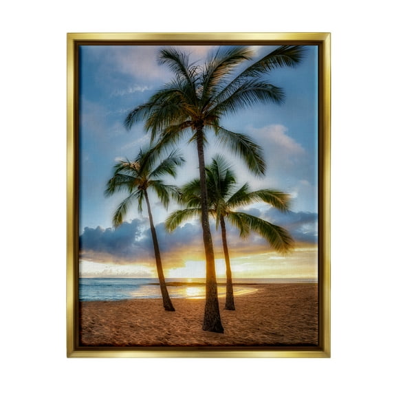 Stupell Industries Palm Trees Tropical Beach Cove Coastal Photography Gold Floater Framed Art Print Wall Art