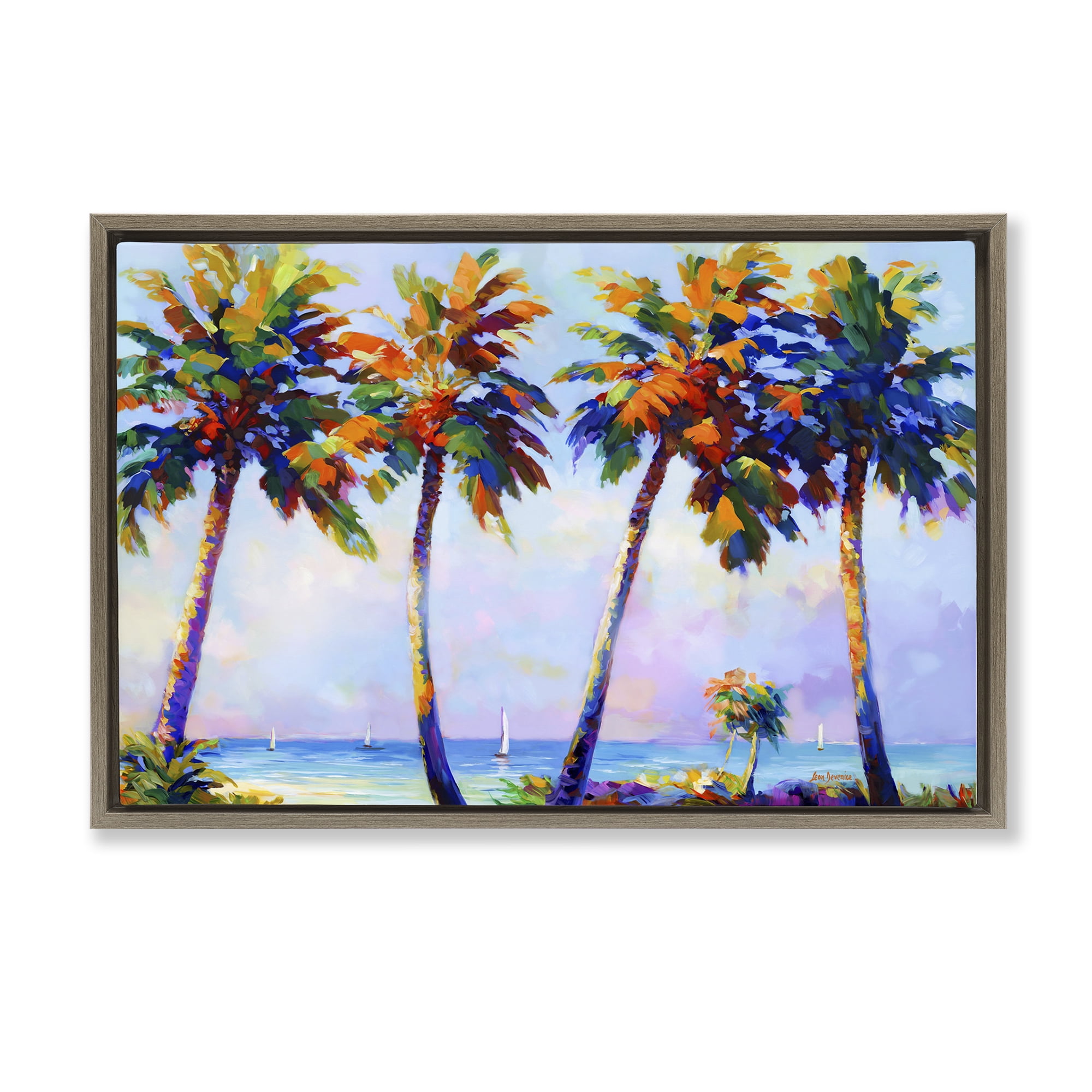Stupell Industries Palm Trees in Sun Warmth Landscape Painting Brown Floater Framed Canvas Art Print Wall Art, 31 x 21