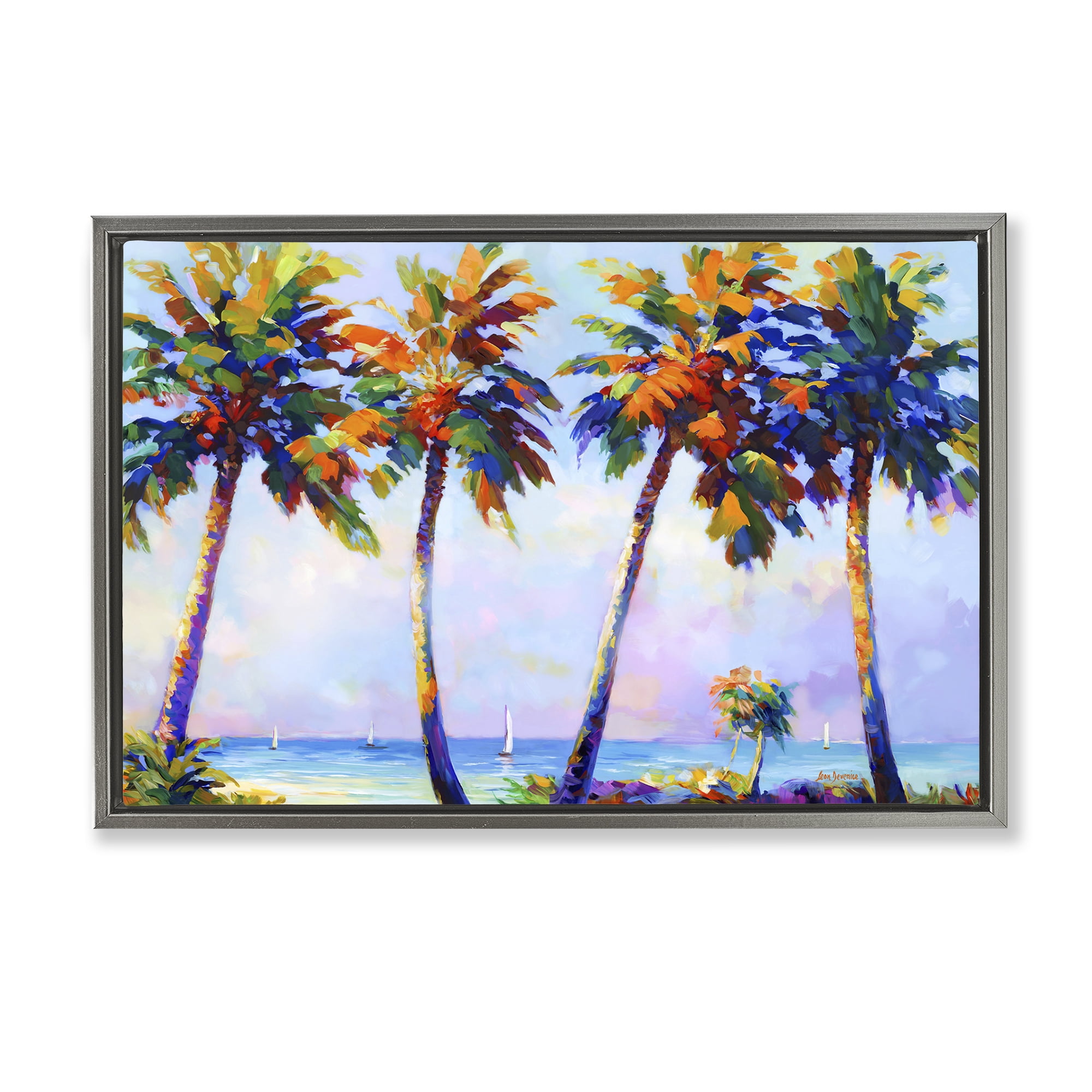 Stupell Industries Palm Trees in Sun Warmth Landscape Painting Gray Floater Framed Canvas Art Print Wall Art, 25 x 17