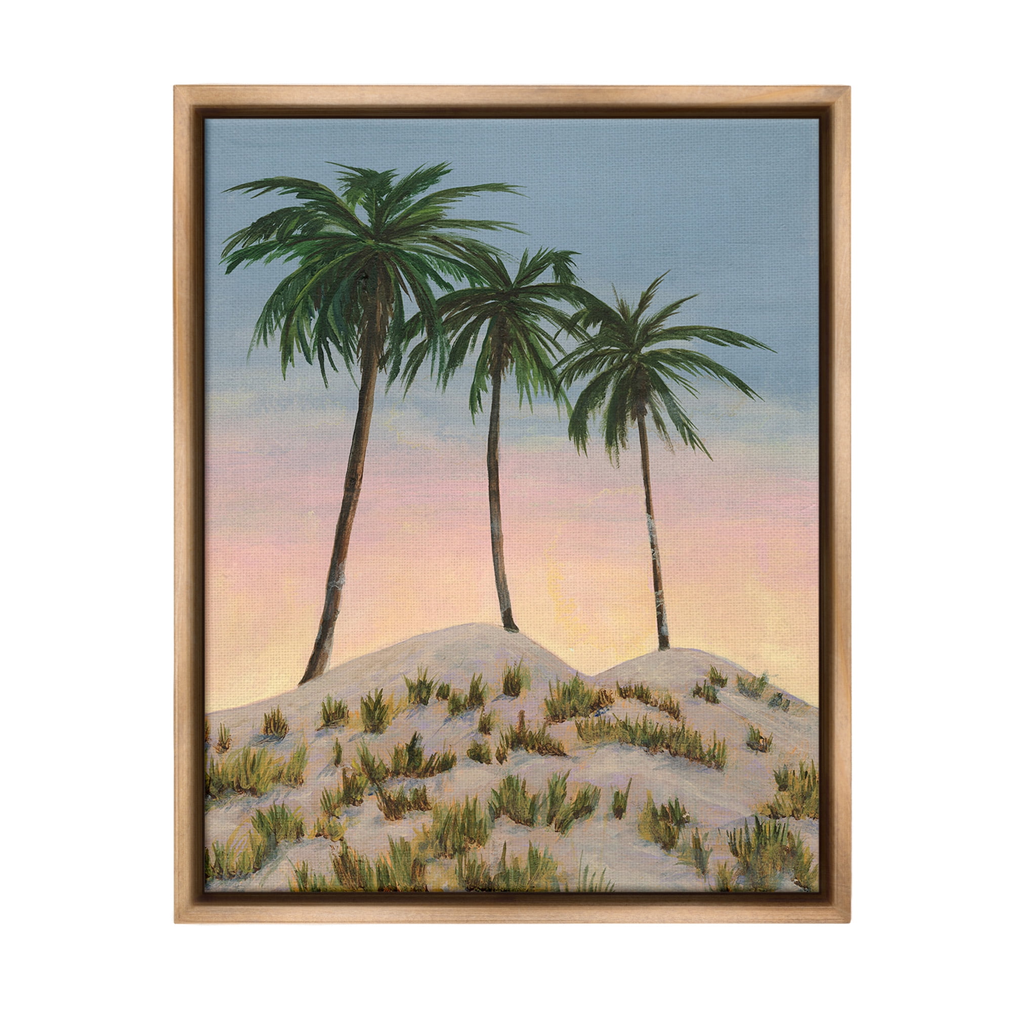 Palm Trees on Hill Landscape Canvas Print with Brown Frame