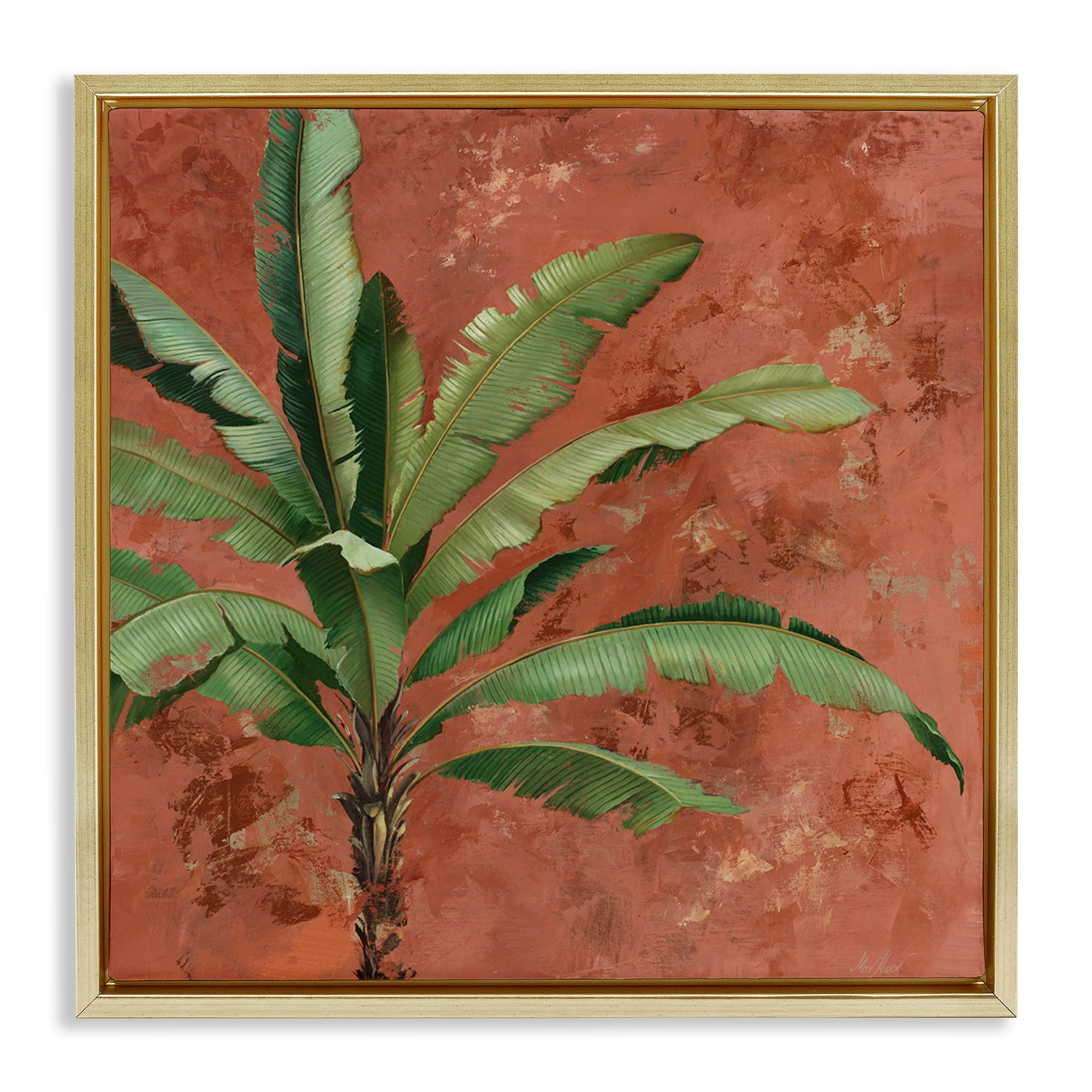 Stupell Industries Palm on Muted Red Botanical & Floral Painting Gold Floater Framed Canvas Art Print Wall Art, 25 x 25