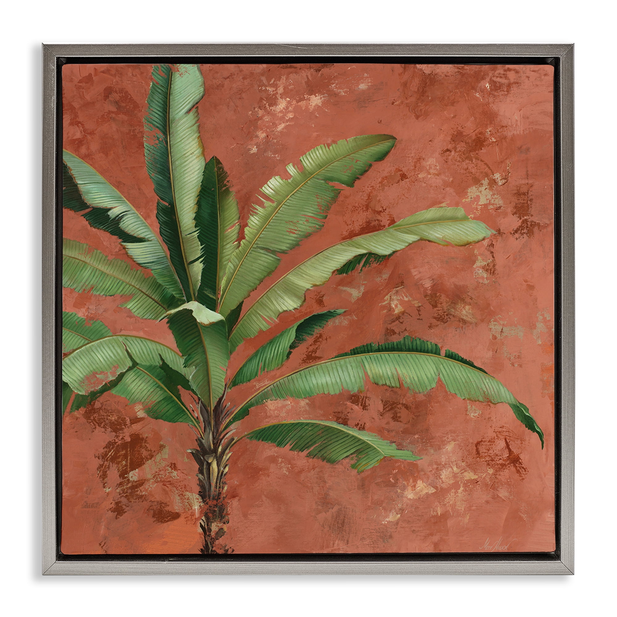 Stupell Industries Palm on Muted Red Botanical & Floral Painting Gray Floater Framed Canvas Art Print Wall Art, 25 x 25