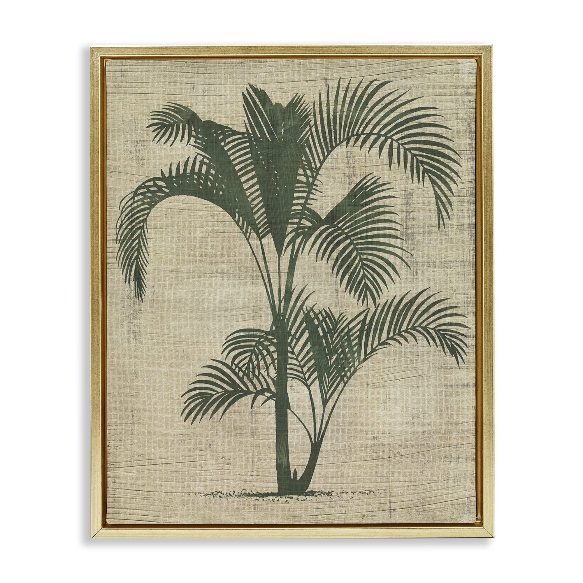 Stupell Industries Palm on Woven Pattern Plants & Flowers Painting Gold Floater Framed Canvas Art Print Wall Art, 25 x 31