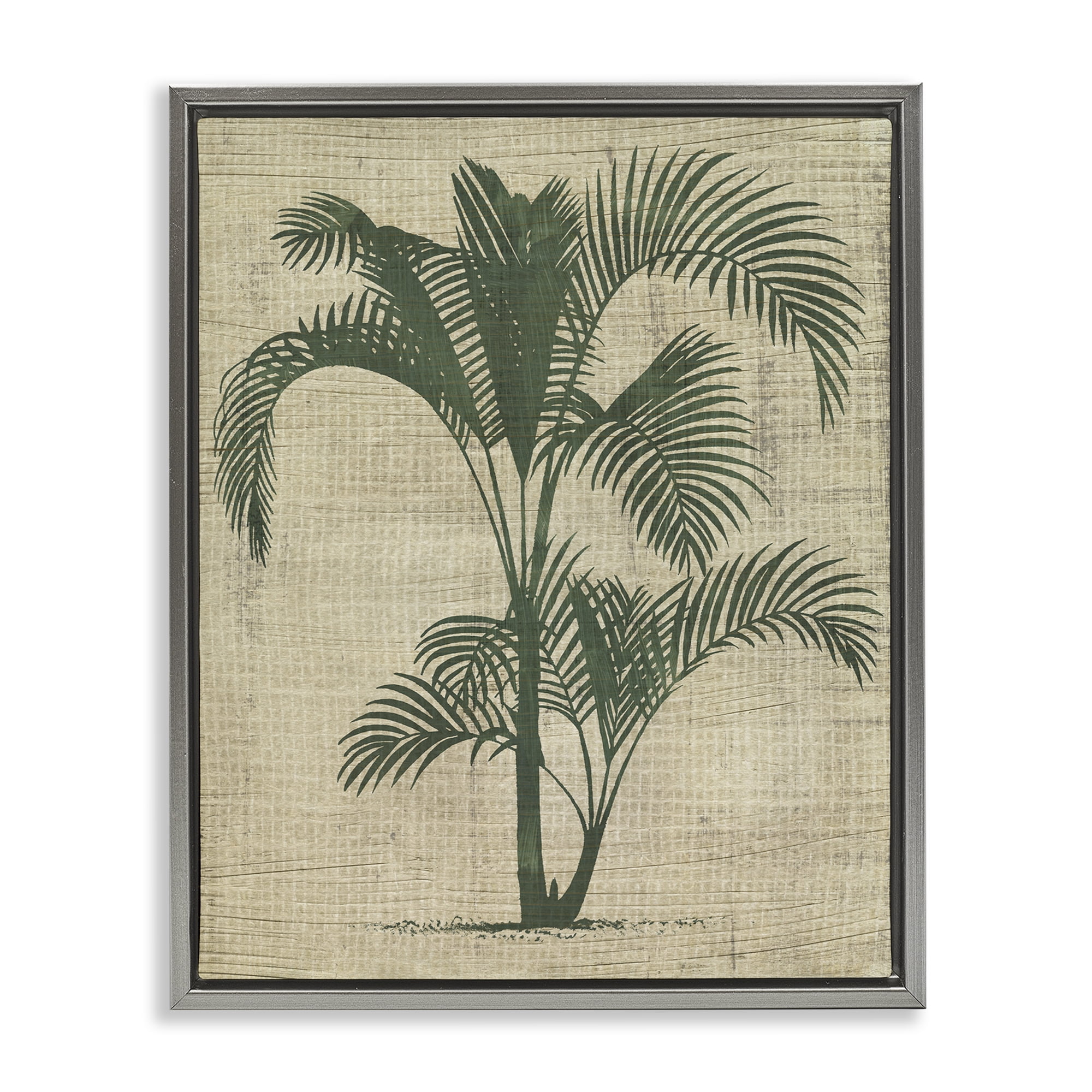 Stupell Industries Palm on Woven Pattern Plants & Flowers Painting Gray Floater Framed Canvas Art Print Wall Art, 25 x 31
