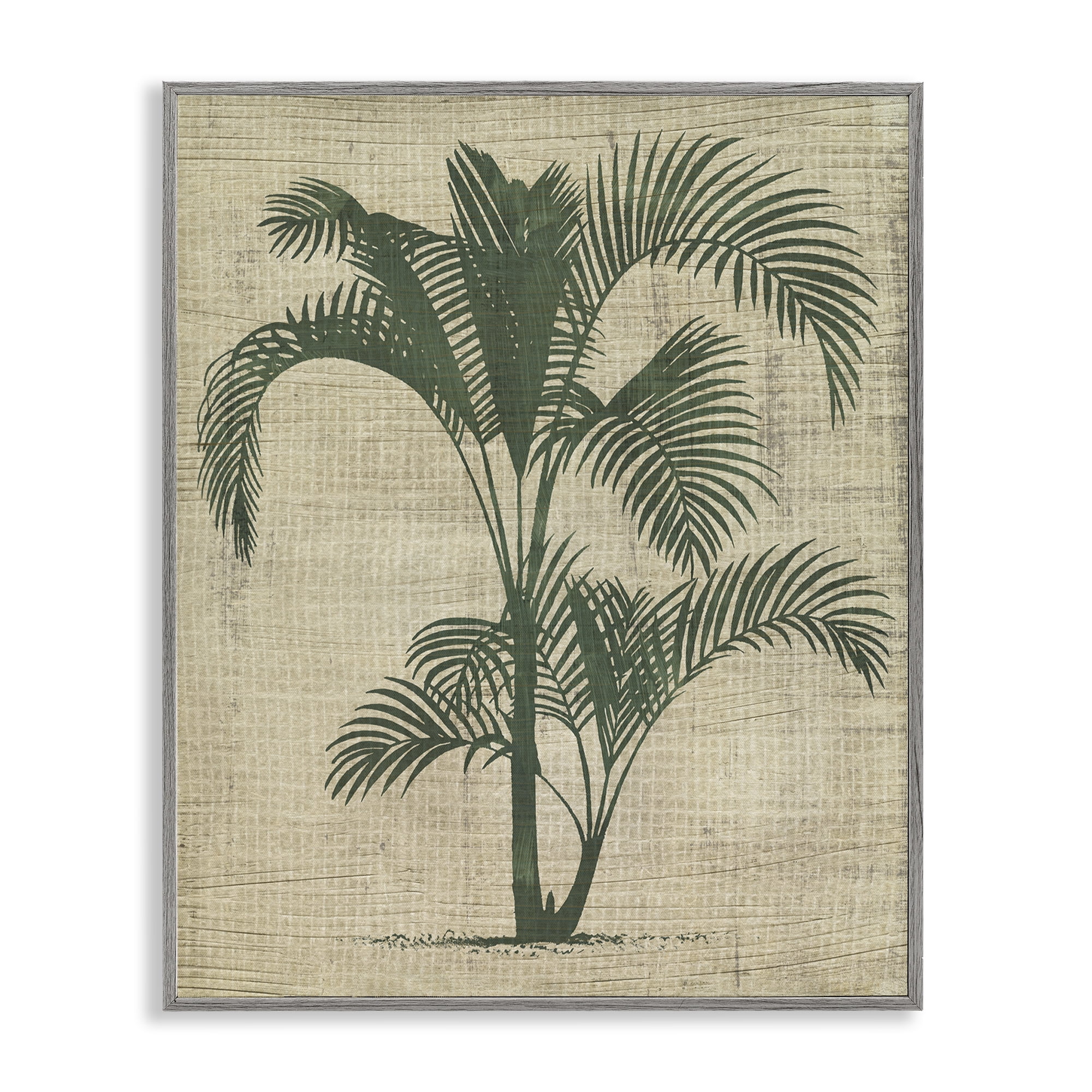 Stupell Industries Palm on Woven Pattern Plants & Flowers Painting Gray Framed Art Print Wall Art, 24 x 30