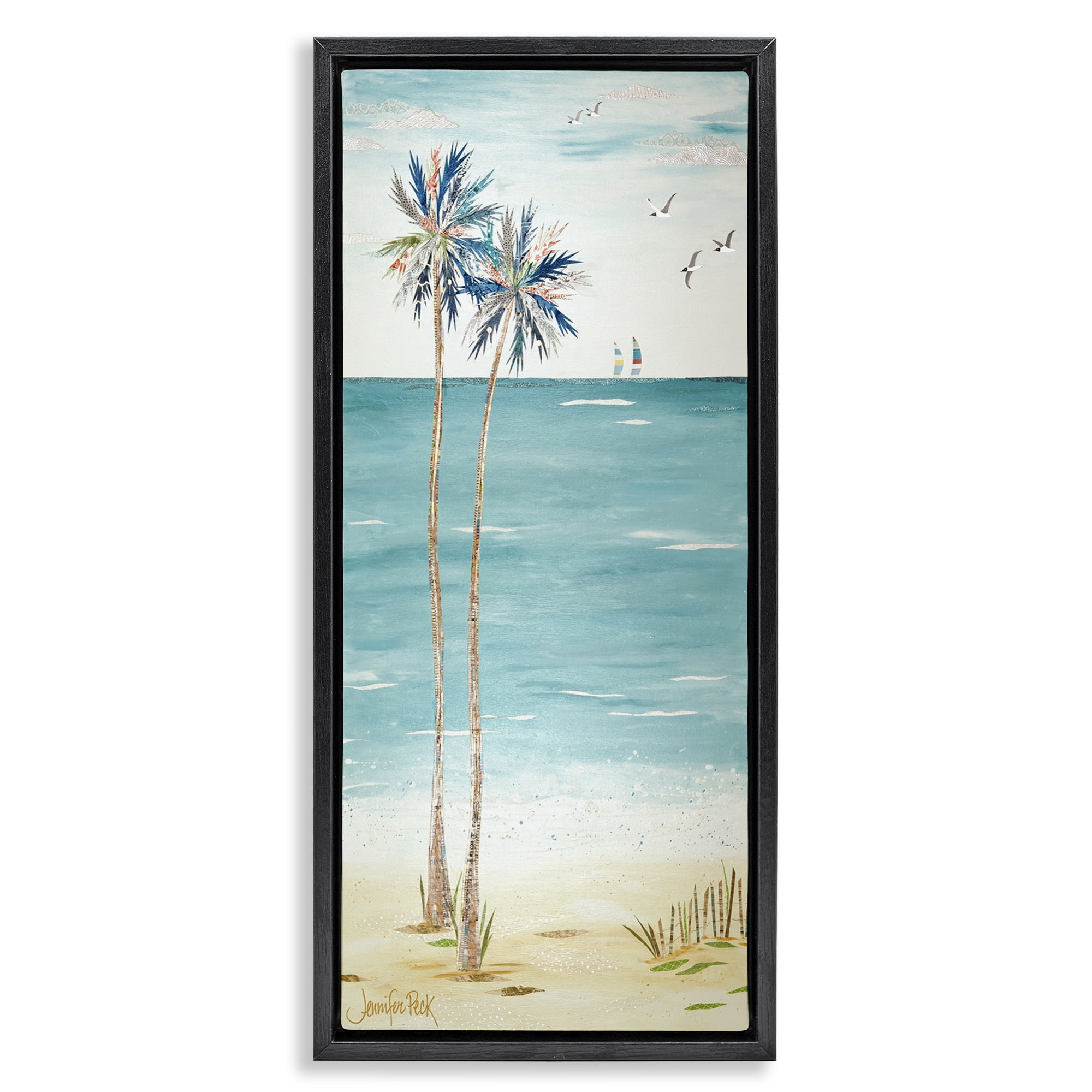 Stupell Industries Palms & Distant Boats Landscape Painting Black Floater Framed Canvas Art Print Wall Art, 15 x 31