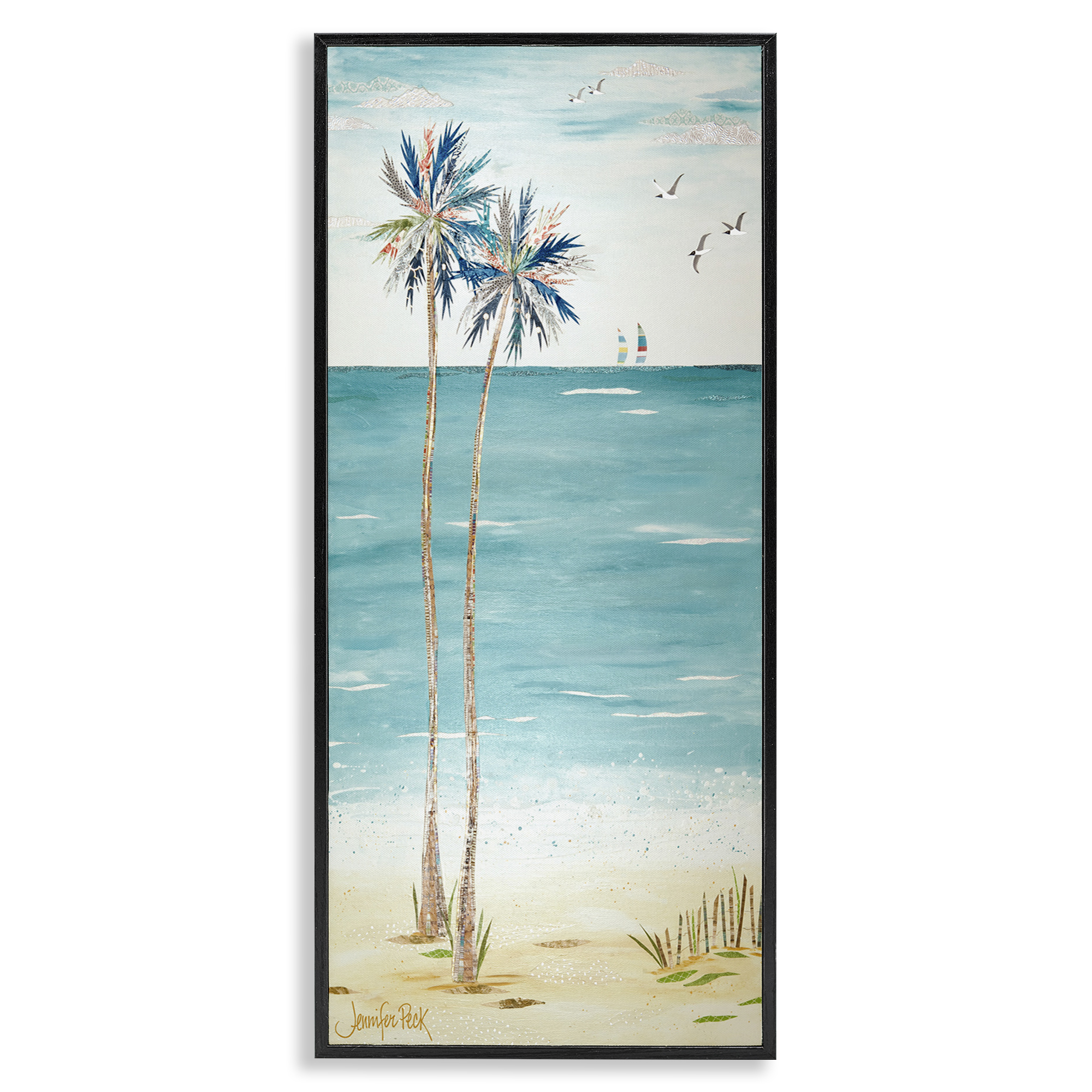 Stupell Industries Palms & Distant Boats Landscape Painting Black Framed Art Print Wall Art, 10 x 24