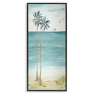 Stupell Industries Palms & Distant Boats Landscape Painting Black Framed Art Print Wall Art, 10 x 24