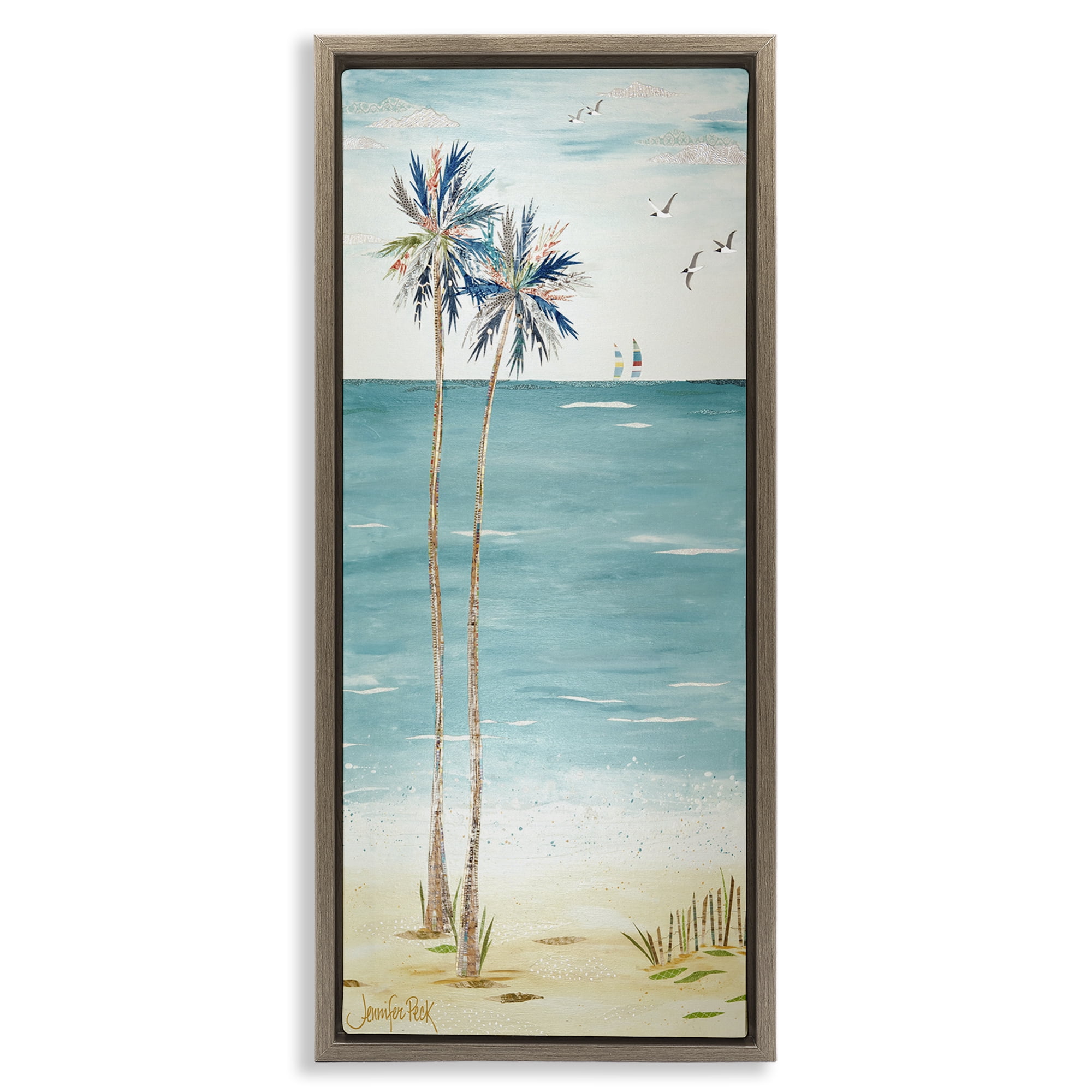 Stupell Industries Palms & Distant Boats Landscape Painting Brown Floater Framed Canvas Art Print Wall Art, 15 x 31