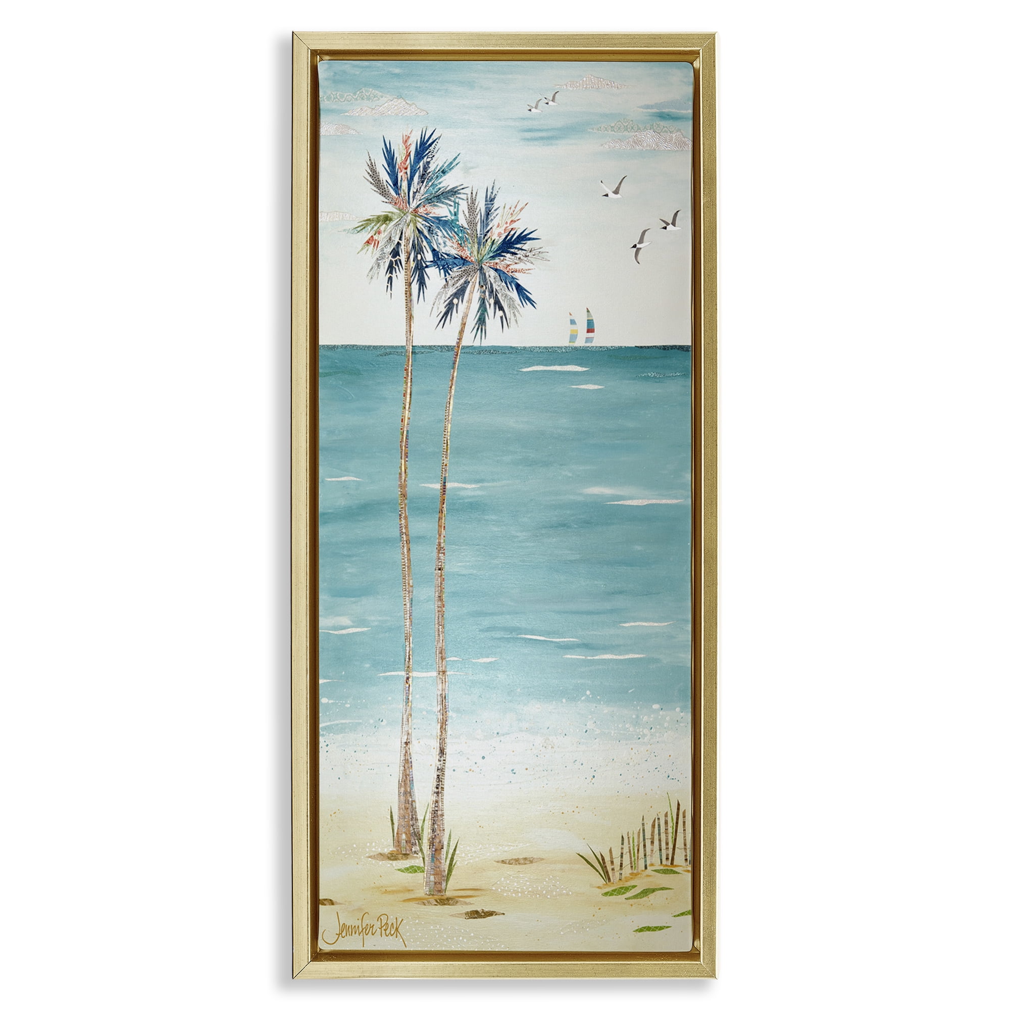Stupell Industries Palms & Distant Boats Landscape Painting Gold Floater Framed Canvas Art Print Wall Art, 11 x 25
