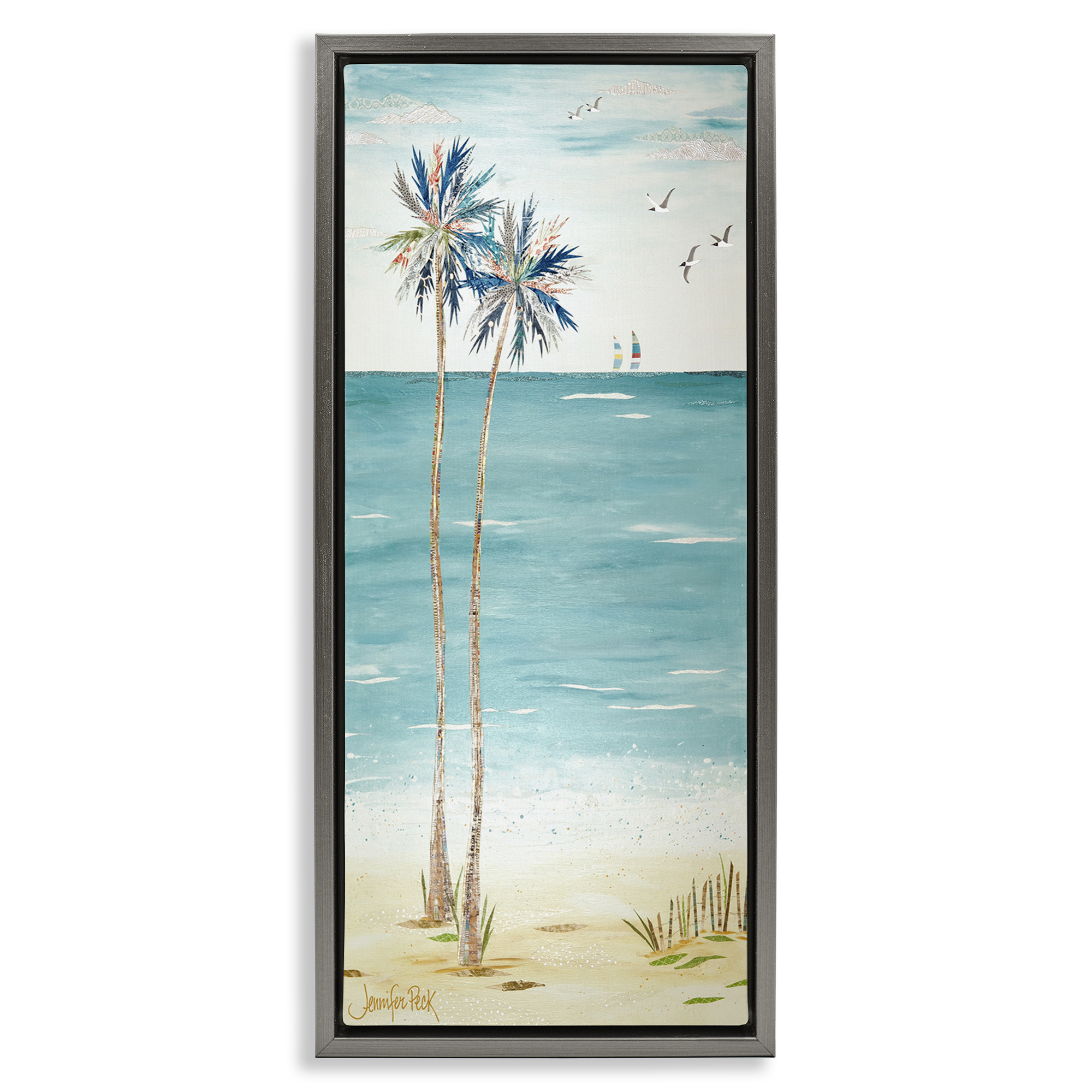 Stupell Industries Palms & Distant Boats Landscape Painting Gray Floater Framed Canvas Art Print Wall Art, 11 x 25
