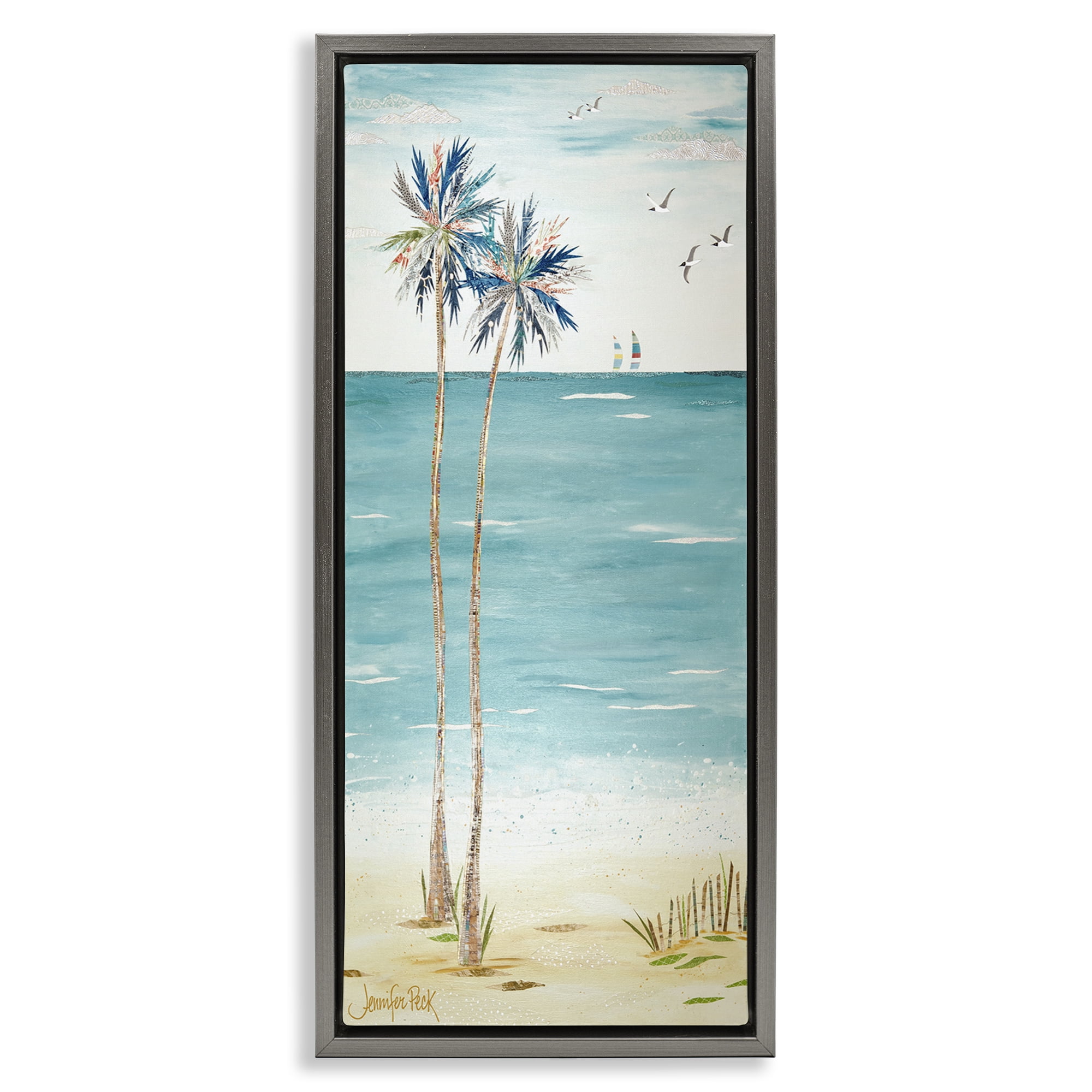 Stupell Industries Palms & Distant Boats Landscape Painting Gray Floater Framed Canvas Art Print Wall Art, 15 x 31